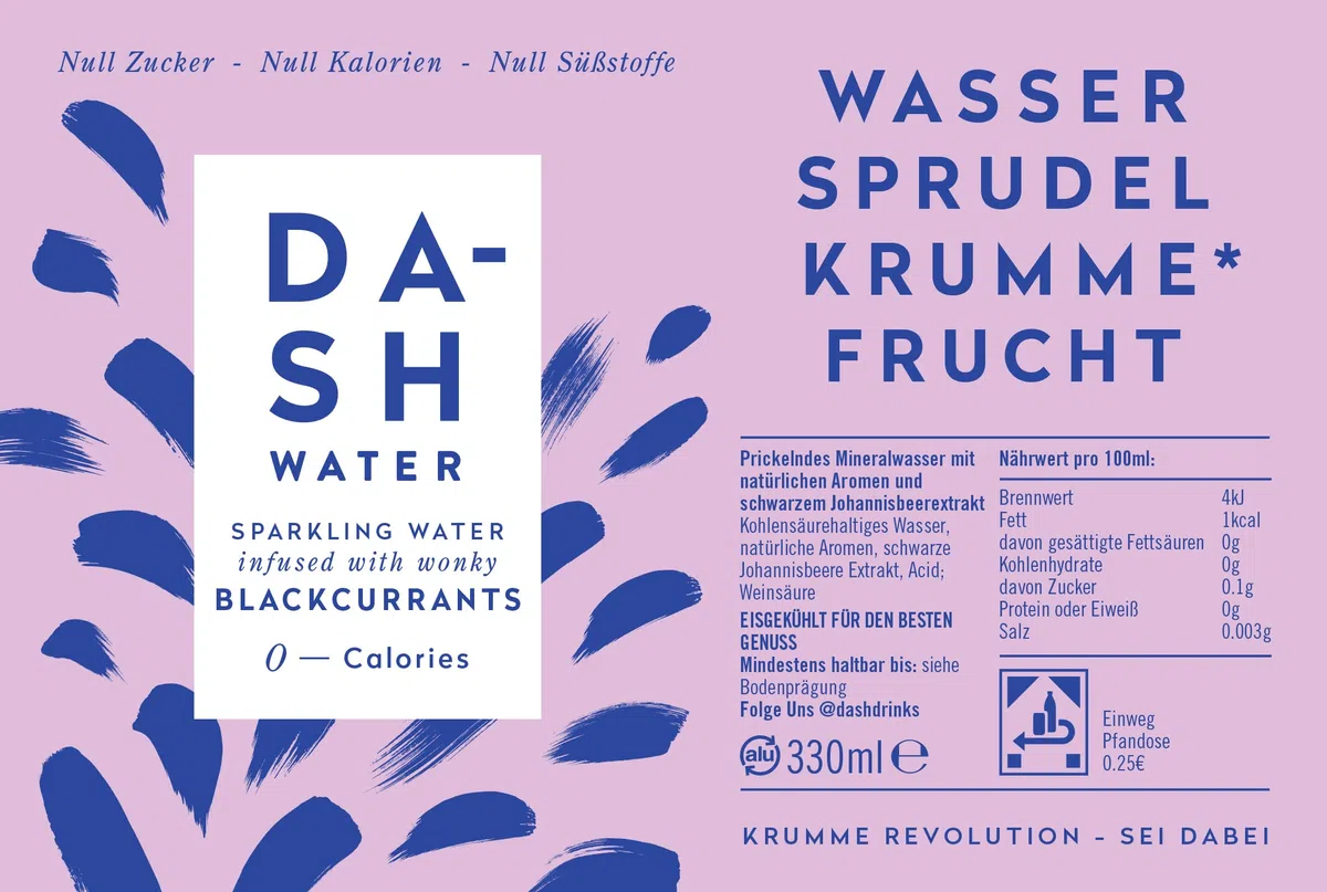 DASH WATER Schwarze Johannisbeere - 12 x prickelndes Quellwasser mit Johannisbeergeschmack - KEIN Zucker, KEIN Süßstoff, KEINE Kalorien - Angereichert mit krummen Früchten (12 x 330ml Dosen)