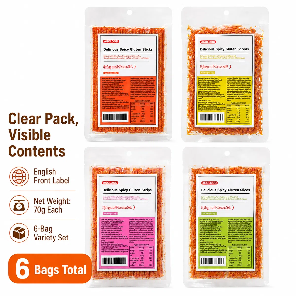 Latiao,Chinesische Snacks,Wurzig Gewurzte Snacks, 70g wurzige Streifen,Lassiger Snack,Duftendes scharf, Individuelles Paket (6 Packungen)
