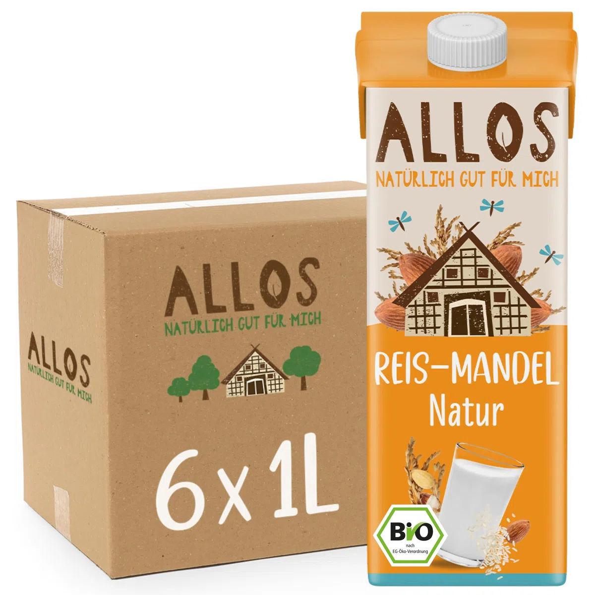 Allos Bio Reis Mandeldrink ungesüßt | Milchalternative aus Mandeln | Drink auf Pflanzenbasis | veganer Drink | ohne zugesetzten Zucker | vegan | laktosefrei | 1 Liter (6 Stück)