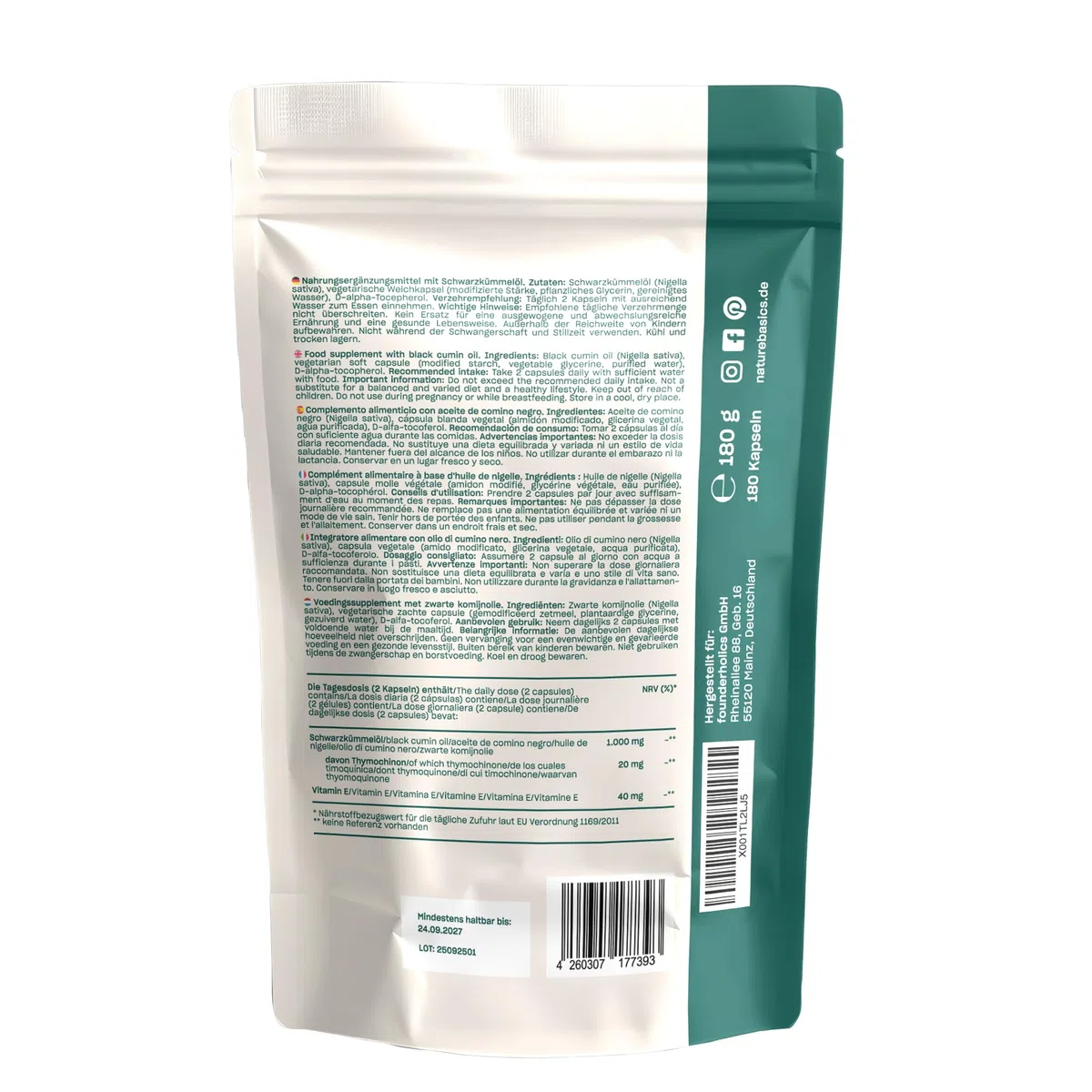 Schwarzkümmelöl - 180 Kapseln hochdosiert / 500 mg hochwertiges Schwarzkümmelöl & 250 mg Linolsäure je Kapsel/Vegan & Nachhaltig