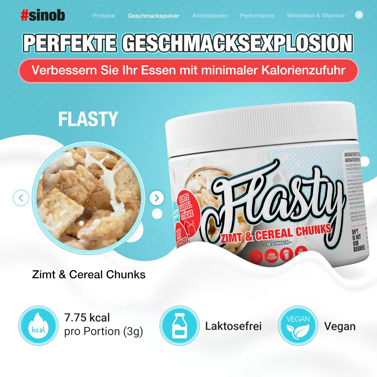 Flasty Geschmackspulver Zimt Cereal & Chunks 250g | Nie wieder langweiliger Quark – über 25 Sorten bei nur 7–9 kcal pro Portion