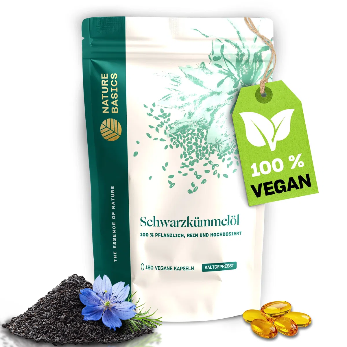 Schwarzkümmelöl - 180 Kapseln hochdosiert / 500 mg hochwertiges Schwarzkümmelöl & 250 mg Linolsäure je Kapsel/Vegan & Nachhaltig