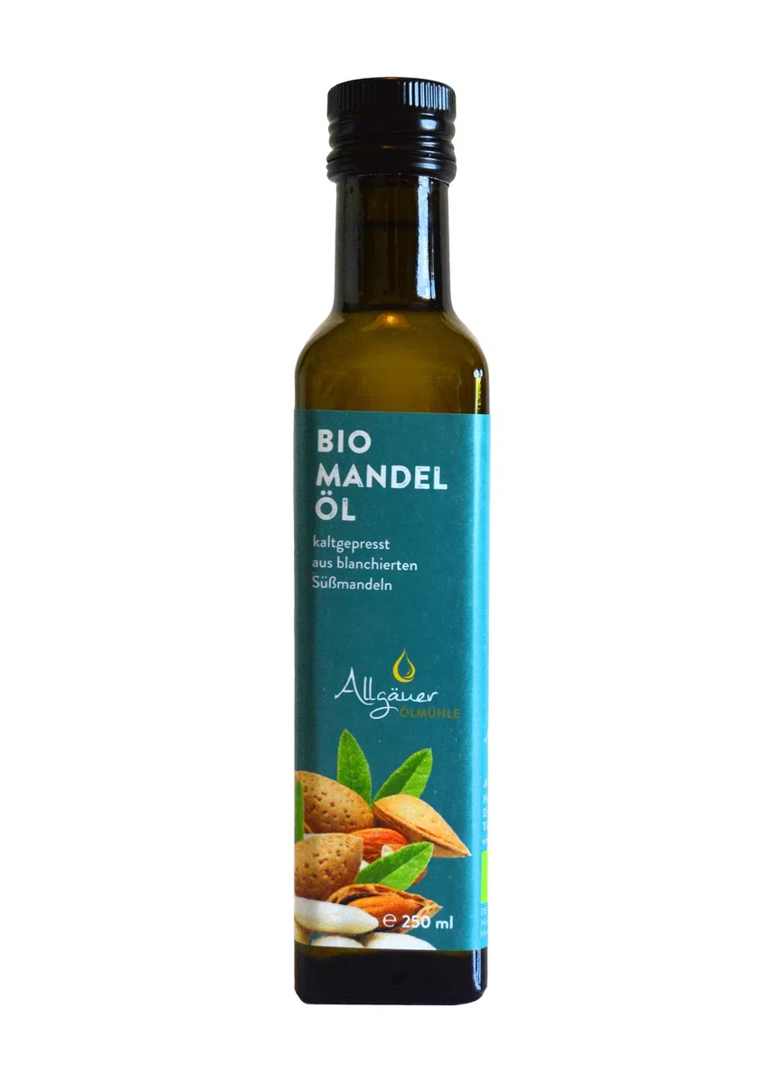ALLGÄUER ÖLMÜHLE – Bio Mandelöl | Mildes Mandelöl aus kontrolliert biologischem Anbau. Aus ungerösteten, blanchierten Süßmandeln. Ideal für kalte Speisen & Desserts | Inhalt: 250 ml