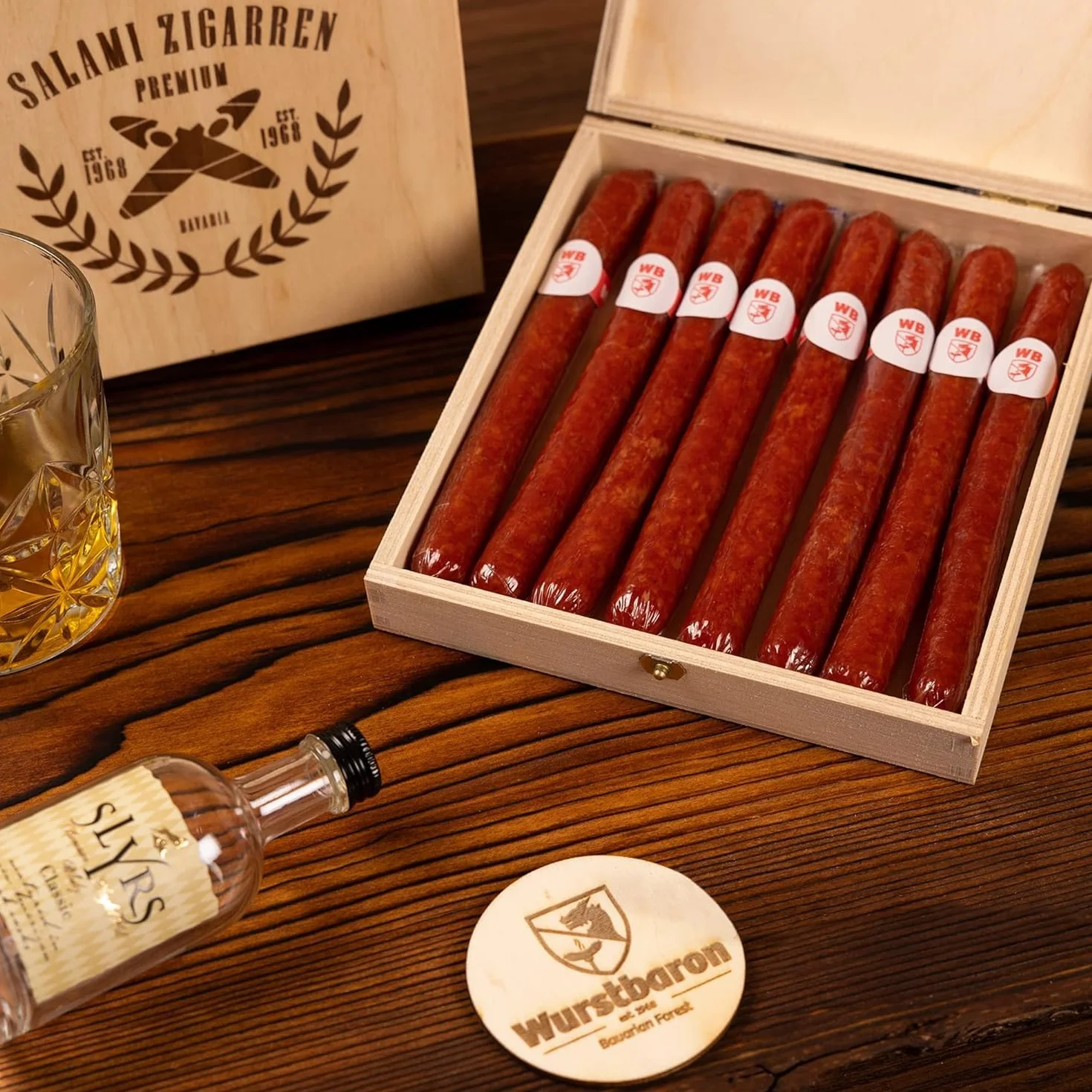 Wurststicks aus Salami in hochwertiger Holz-Geschenk-Box/Wurst Geschenk für Männer/Wurstsnack Geschenkidee in hochwertiger Qualität