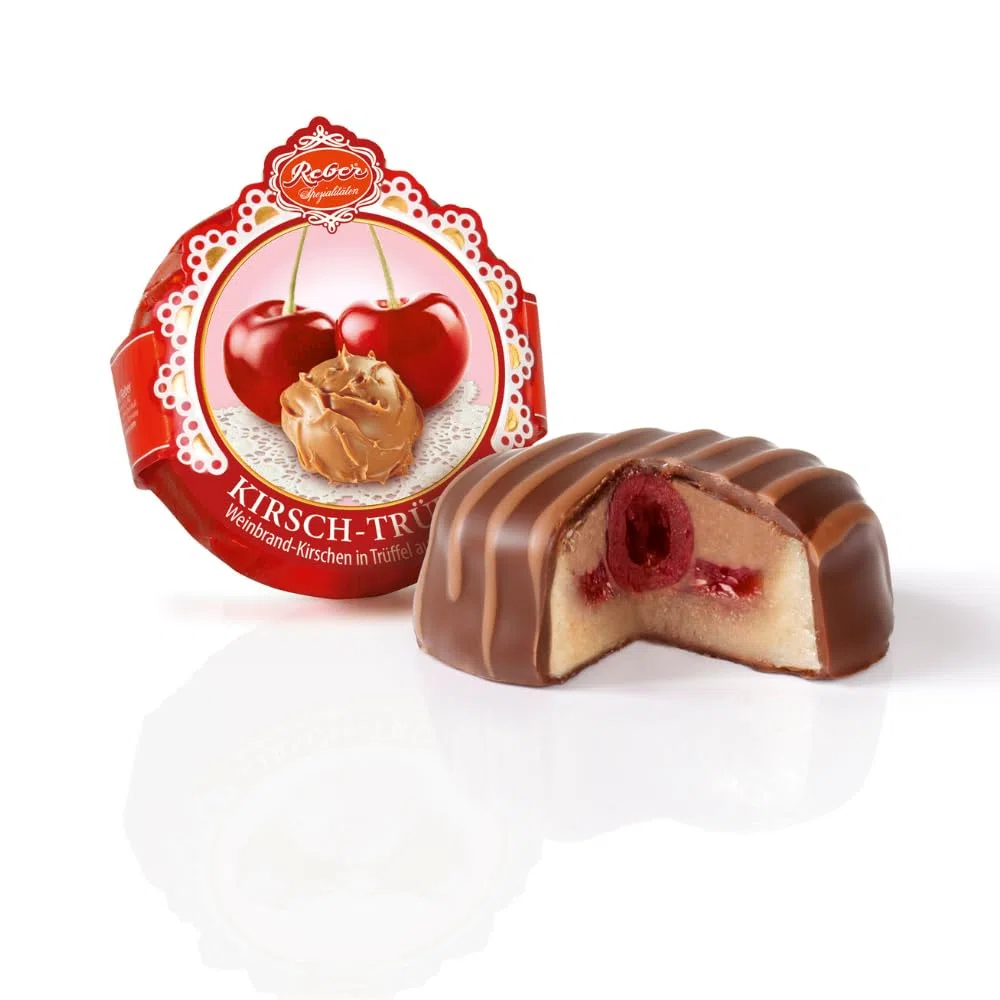 Reber Kirsch Schokolade Pastete, Weinbrandkirschen in Trüffelfüllung auf Edelmarzipan, Umhüllt mit edler Zartbitter-Schokolade, 441g (9 Stück)