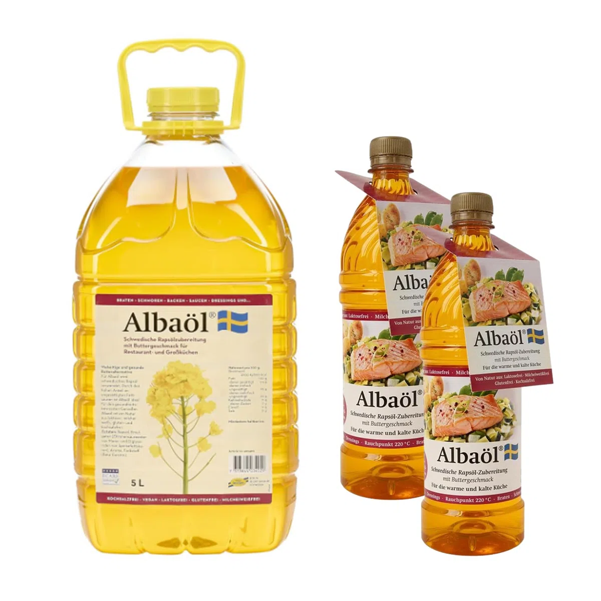 Albaöl Aktion - Rapsöl mit Buttergeschmack, 5 l Kanister + 2 x 0,75 l Flasche GRATIS, Sonderaktion, schwedisches Rapsöl, hochwertige Inhaltsstoffe, zum Braten, Backen oder als Dressing.
