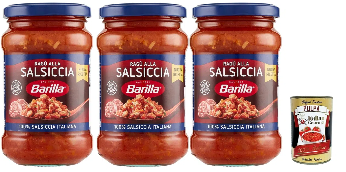 Sugo Ragù Salsiccia Condimento per Pasta, Fertig Soße mit 100% italienischer Wurst, 3x 300g + Italian Gourmet polpa 400g
