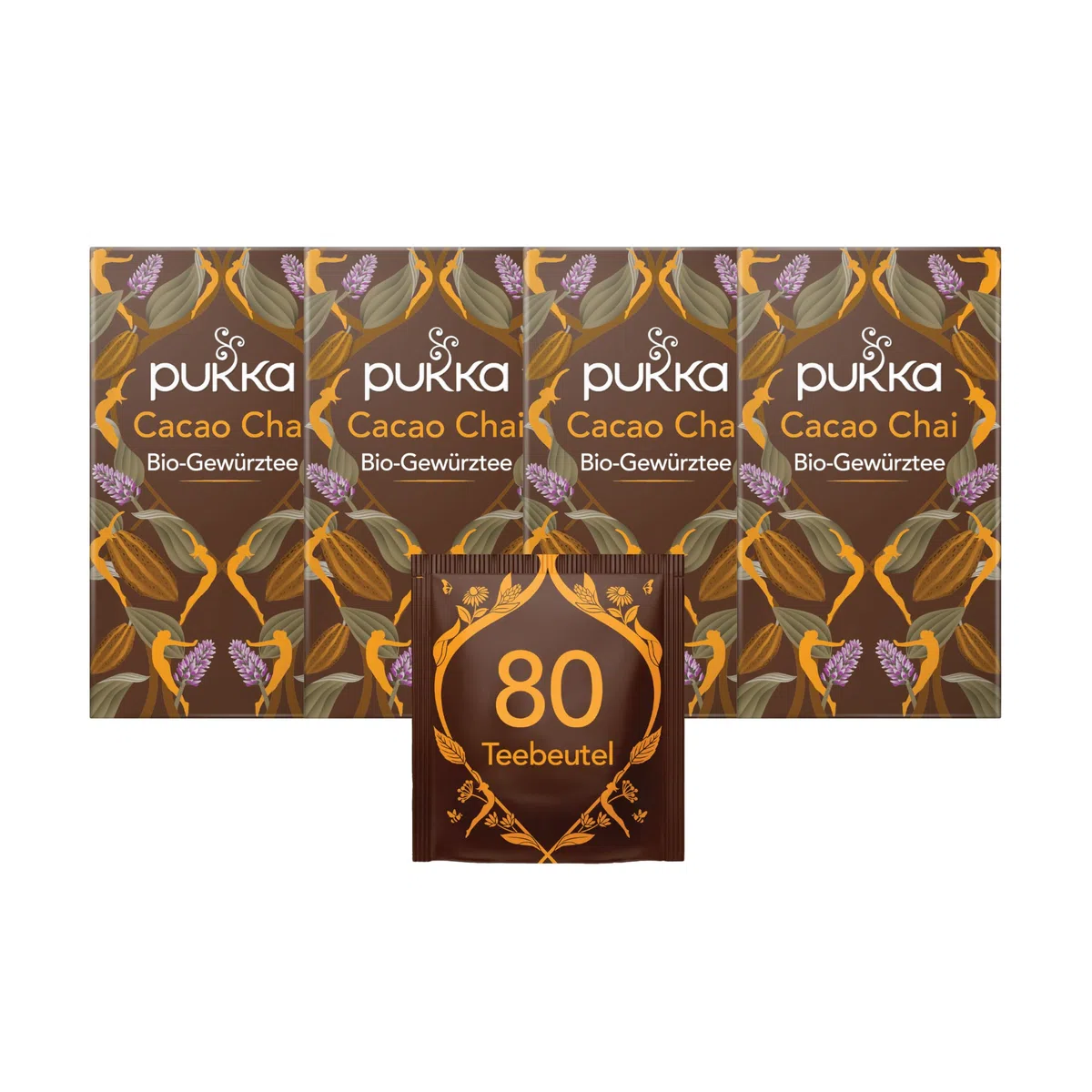 Pukka Tee Set, Bio-Gewürztee "Cacao Chai", Kakao, Zimt, Kardamom, Zichorienwurzel, Für besinnliche Momente, 4er Pack, 80 Teebeutel