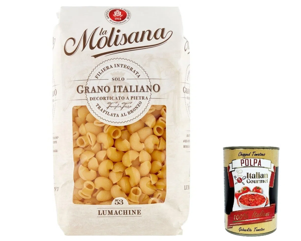 5x La Molisana Lumachine N. 53 Pasta Lenta Lavorazione Teigwaren aus Hartweizengrieß Bronze-Zeichnung 500g + Italian Gourmet Polpa 400g