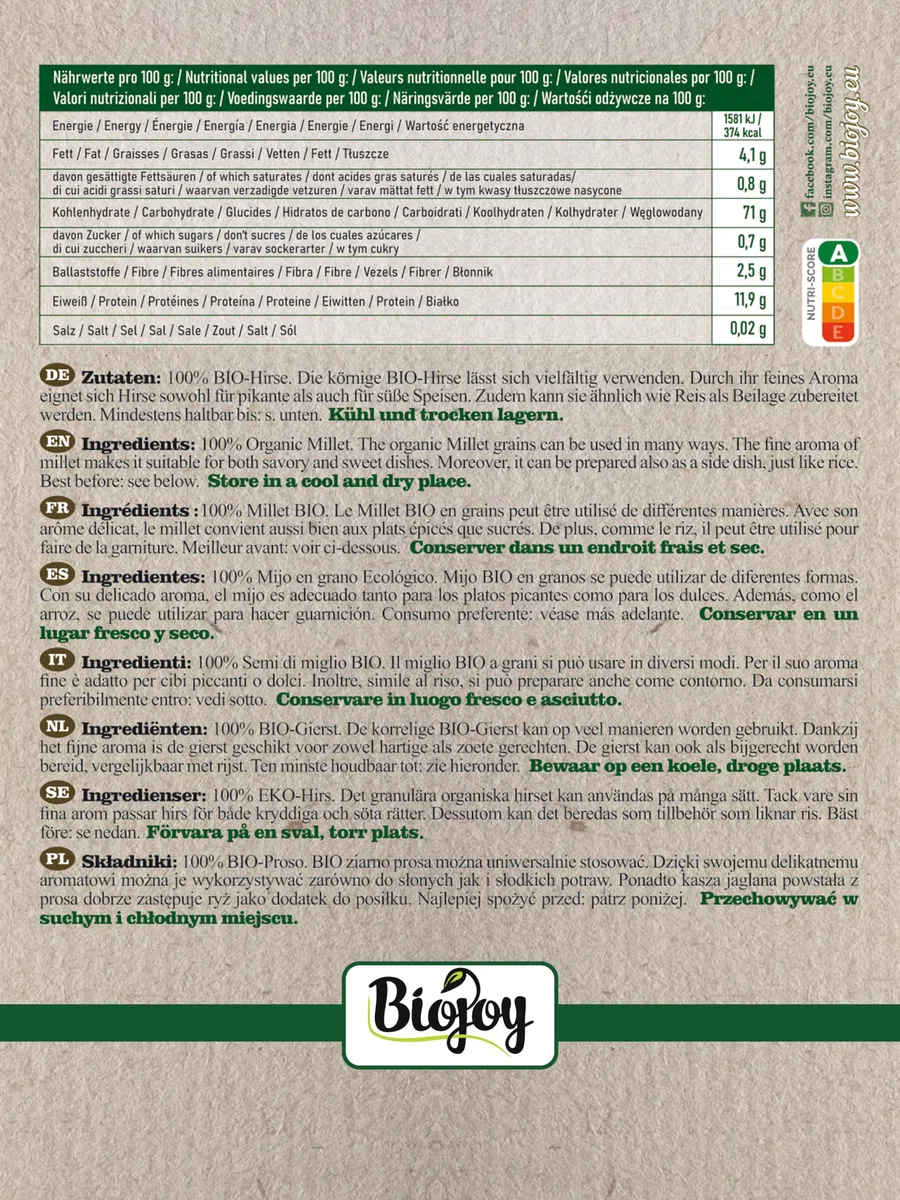 Biojoy BIO-Hirse (2,5 kg), ganzes Korn, Goldhirse ohne Zusätze