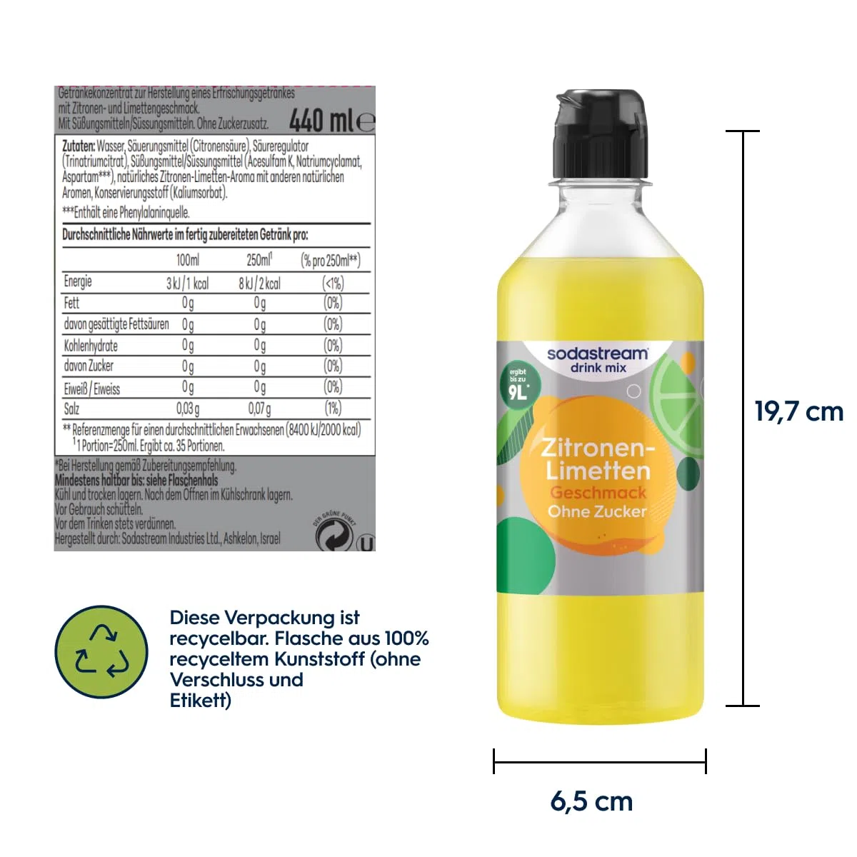 Sodastream drink mix Zitrone-Limette ohne Zucker – zuckerfreier Sirup für gesprudeltes & stilles Wasser, 4er Pack (4 x 440 ml),ergibt bis zu 9L Fertiggetränk