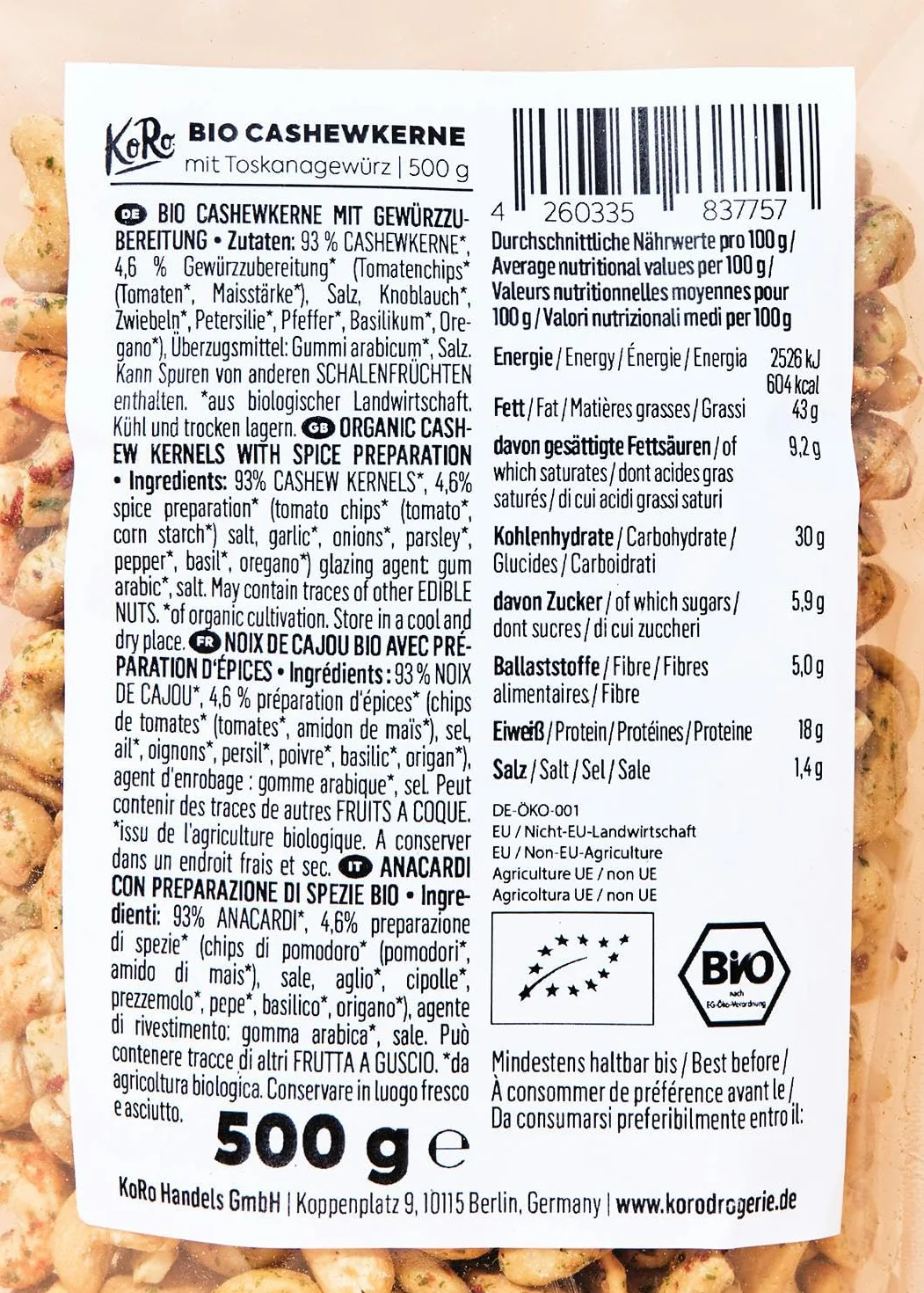 KoRo - Bio Cashewkerne mit Toskanagewürz 500 g
