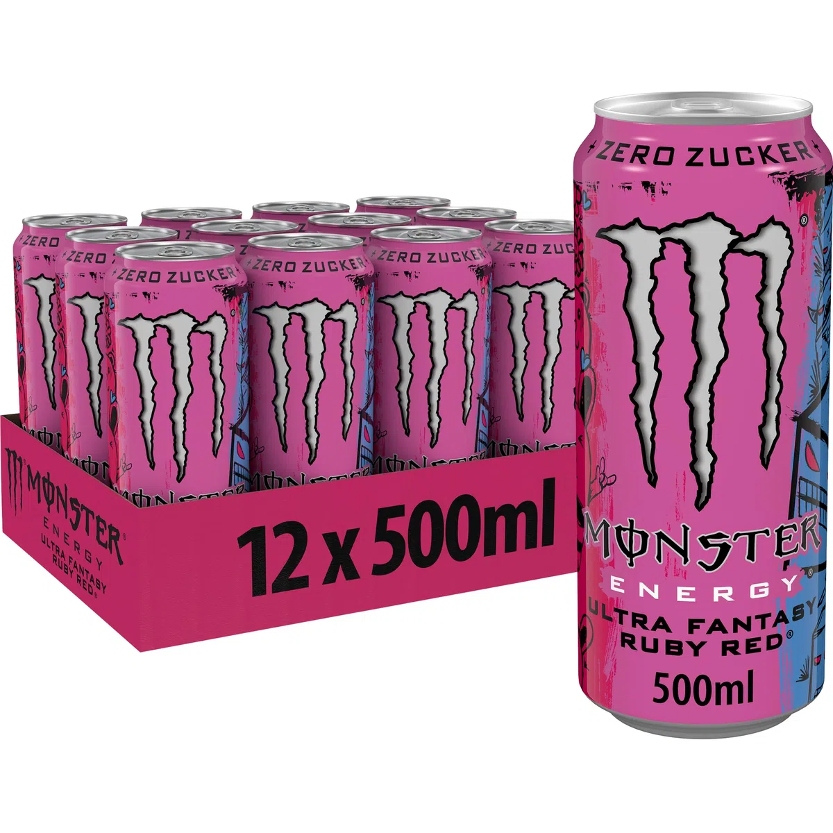 Monster Energy Ultra Fantasy Ruby Red - koffeinhaltiger Energy-Drink mit erfrischend-leichtem Grapefruit-Geschmack - ohne Zucker und ohne Kalorien - in praktischen Einweg Dosen (12 x 500 ml)