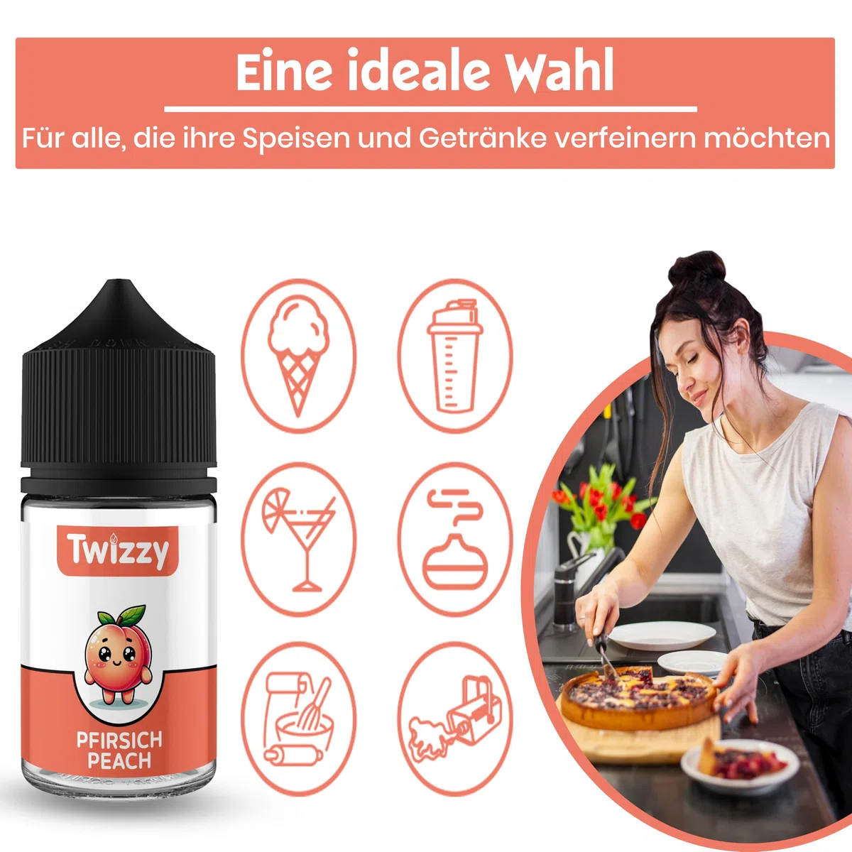Twizzy Pfirsich Lebensmittelaroma 60ml - Konzentrat für Backen, Desserts & Getränke