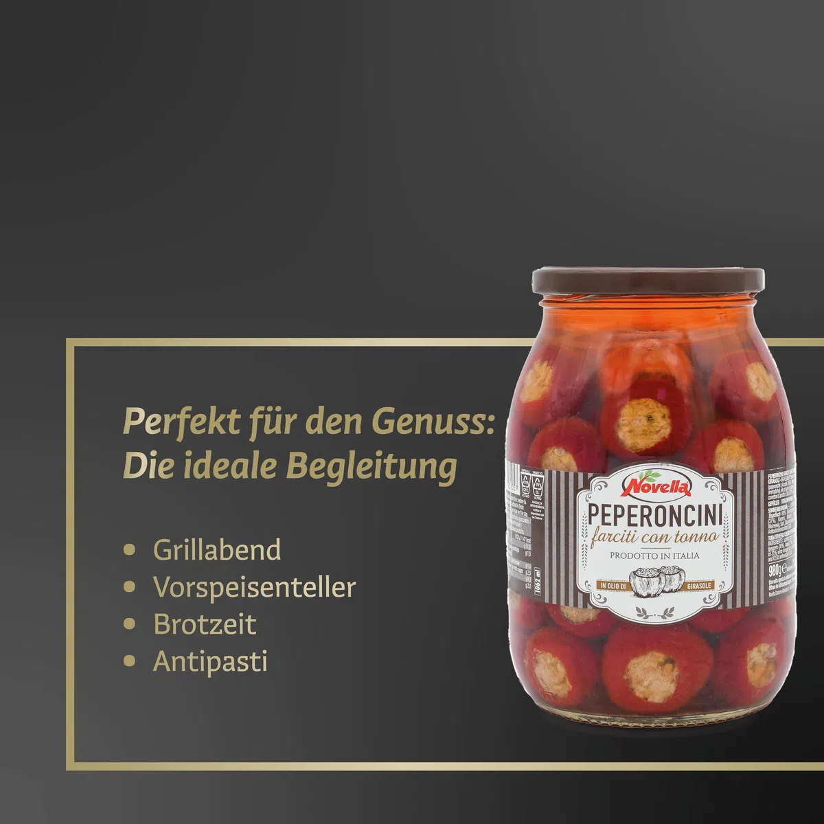 Novella PEPERONCINI FARCITI CON TONNO - Peperoni mit Thunfischfüllung - italienische Kirschpaprika - Antipasti-Vorspeise - fruchtig-scharf - 950 g im Glas