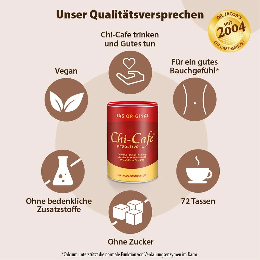 Dr. Jacob's Chi-Cafe proactive 360 g Dose I Kaffeehaltiges Getränkepulver I wild und würzig I mit Akazienfaser Ballaststoffen, Kaffee, Guarana, Ginseng, Gewürzen I Kaffee Alternative I 72 Tassen