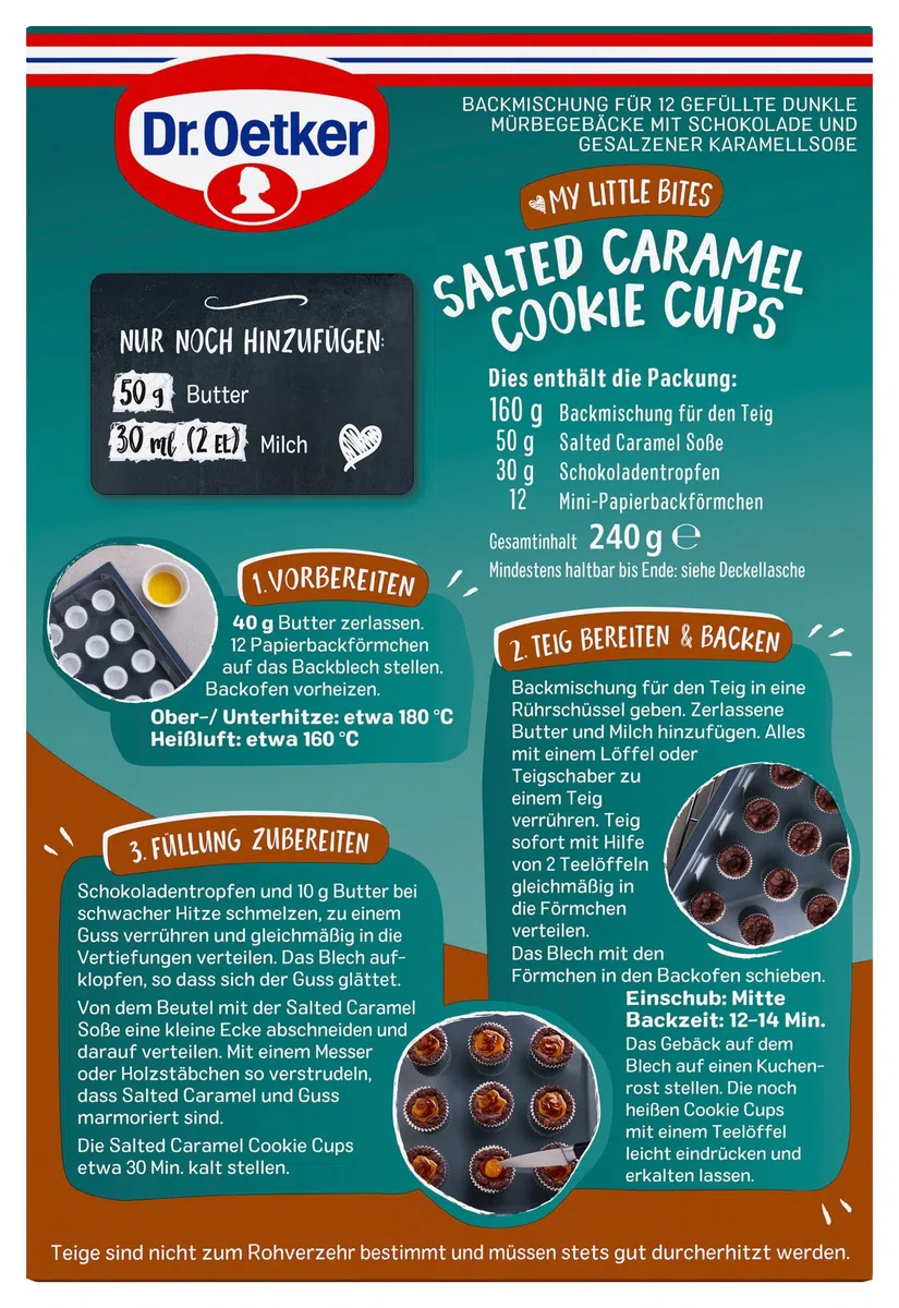 Dr. Oetker MY LITTLE BITES Salted Caramel Cookie Cups | Salted Caramel Cookies 4er Pack: Backmischung für jeweils 12 Schoko Cookie Cups mit Salted Caramel-Schoko-Füllung