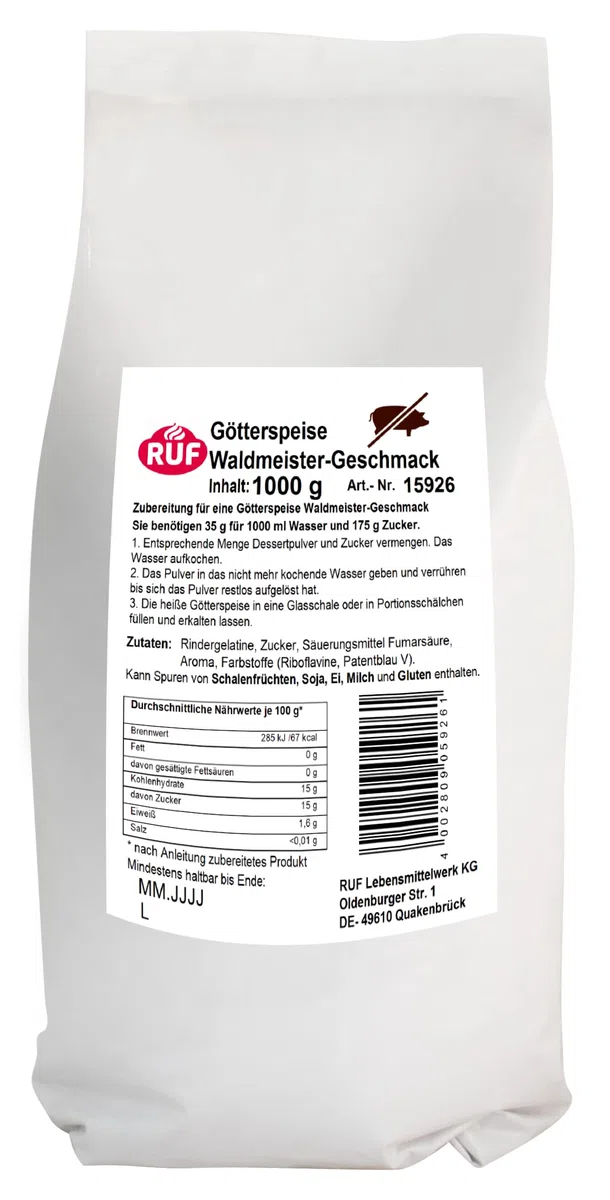 RUF Götterspeise Rindergelatine Waldmeister, Wackelpudding grün ohne Schweinegelatine mit Waldmeister Geschmack, Götterspeise Pulver Gelatine Rind, 1 x 1000g