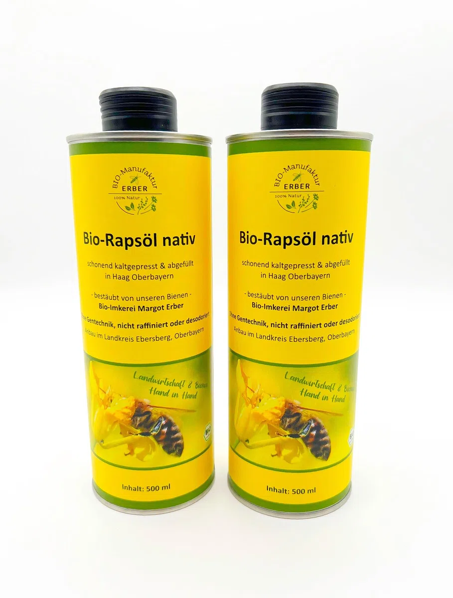 Bio-Rapsöl nativ 2x500 ml (1000 ml) kaltgepresst, angebaut und abgefüllt in Oberbayern, Naturland Landwirtschaft, für eine vegane und glutenfreie Ernährung geeignet