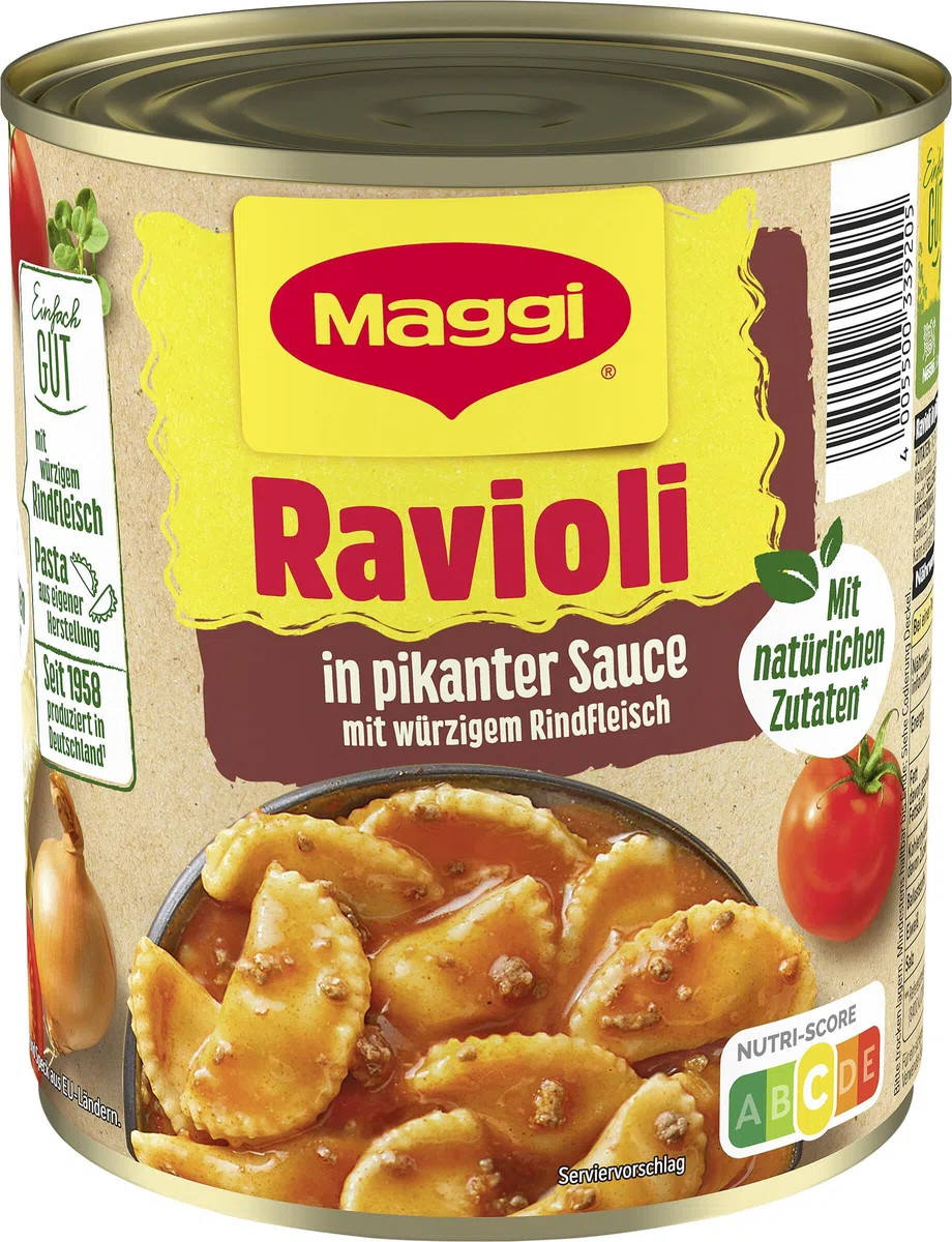 MAGGI Ravioli in pikanter Sauce, leckeres Fertiggericht mit Fleisch gefüllten Nudeln und Sauce, das Pasta-Original ideal fürs Camping oder den Vorratsschrank, 6er Pack (6 x 800g)