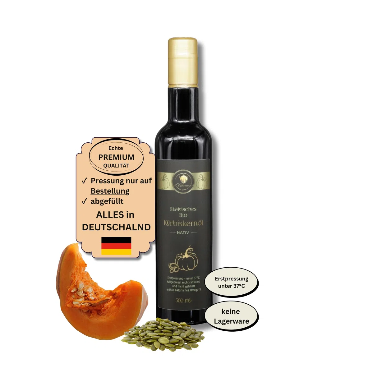 Naturezon Steirisches Bio Kürbiskernöl 500ml (nächste Pressung 17.10.) - nur erste Pressung - frisch gepresst nach Bestellung, mühlenfrisch - kaltgepresst unter 37°C - nativ