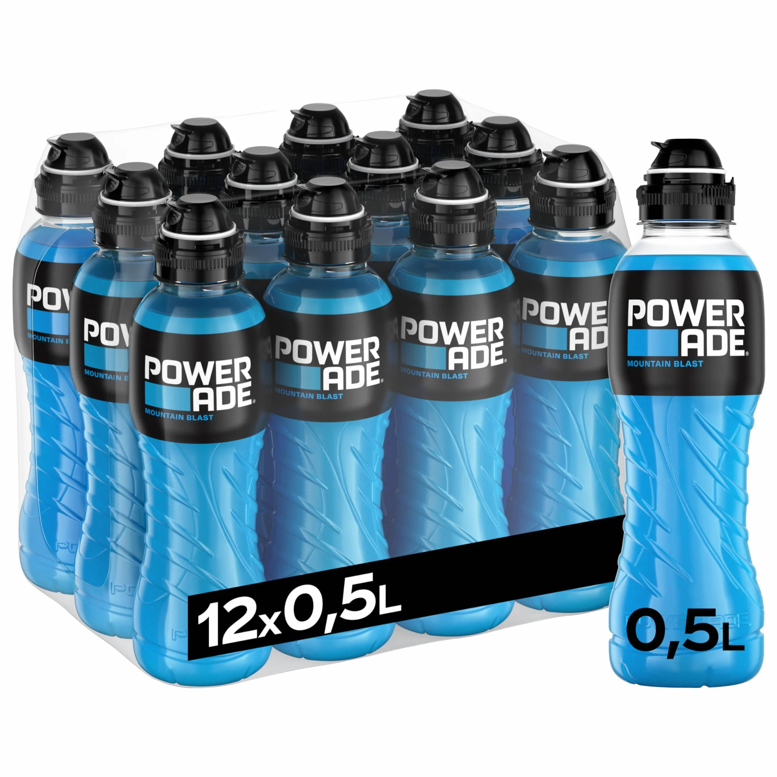 Powerade Sports Mountain Blast, kalorienarmes Sportgetränk mit Fruchtmix-Geschmack, mit Elektrolyten, Sport Drink in stylischen Einweg Flaschen (12 x 500 ml)