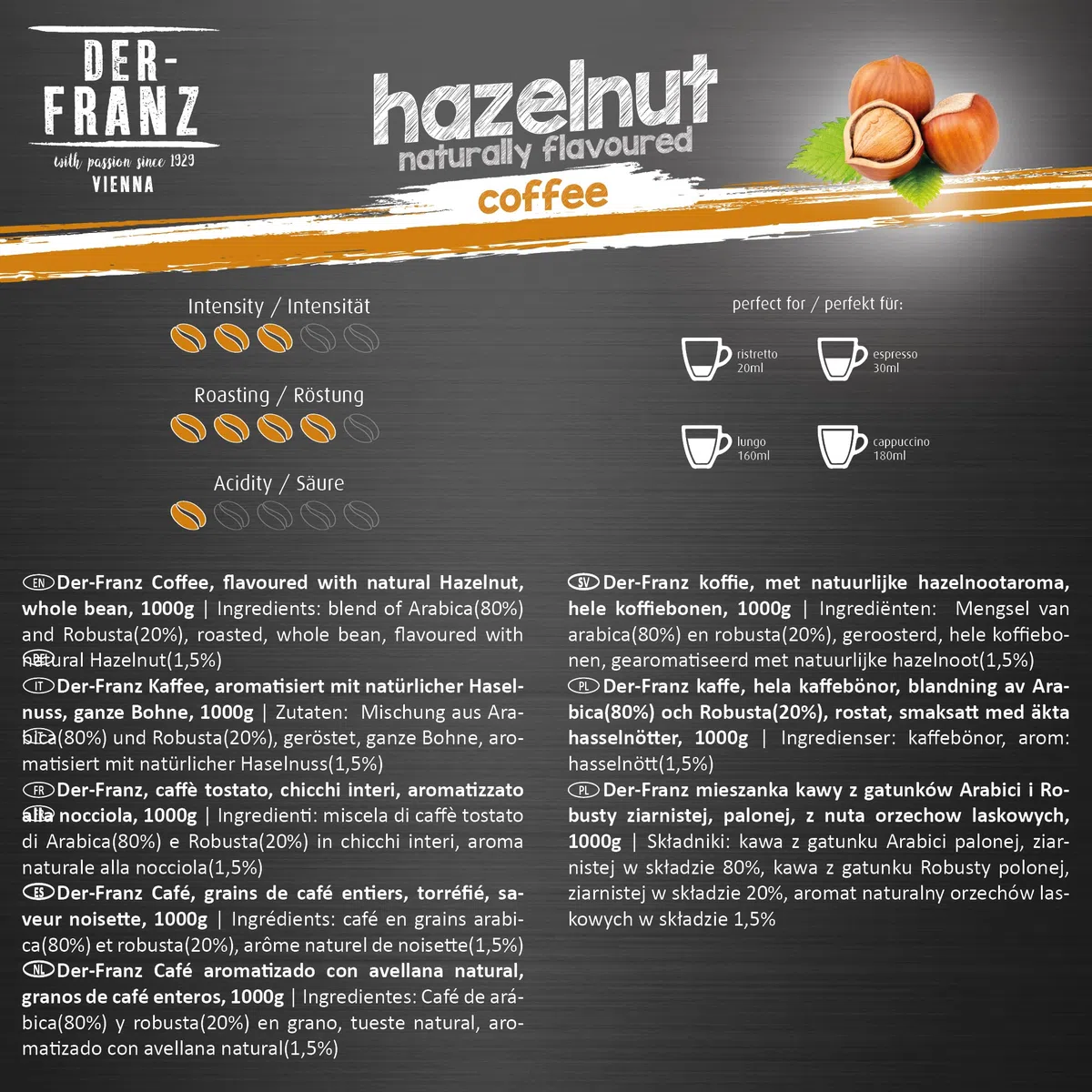 Der-Franz Kaffee, aromatisiert mit Haselnuss, Arabica und Robusta Kaffeebohnen, 1000 g