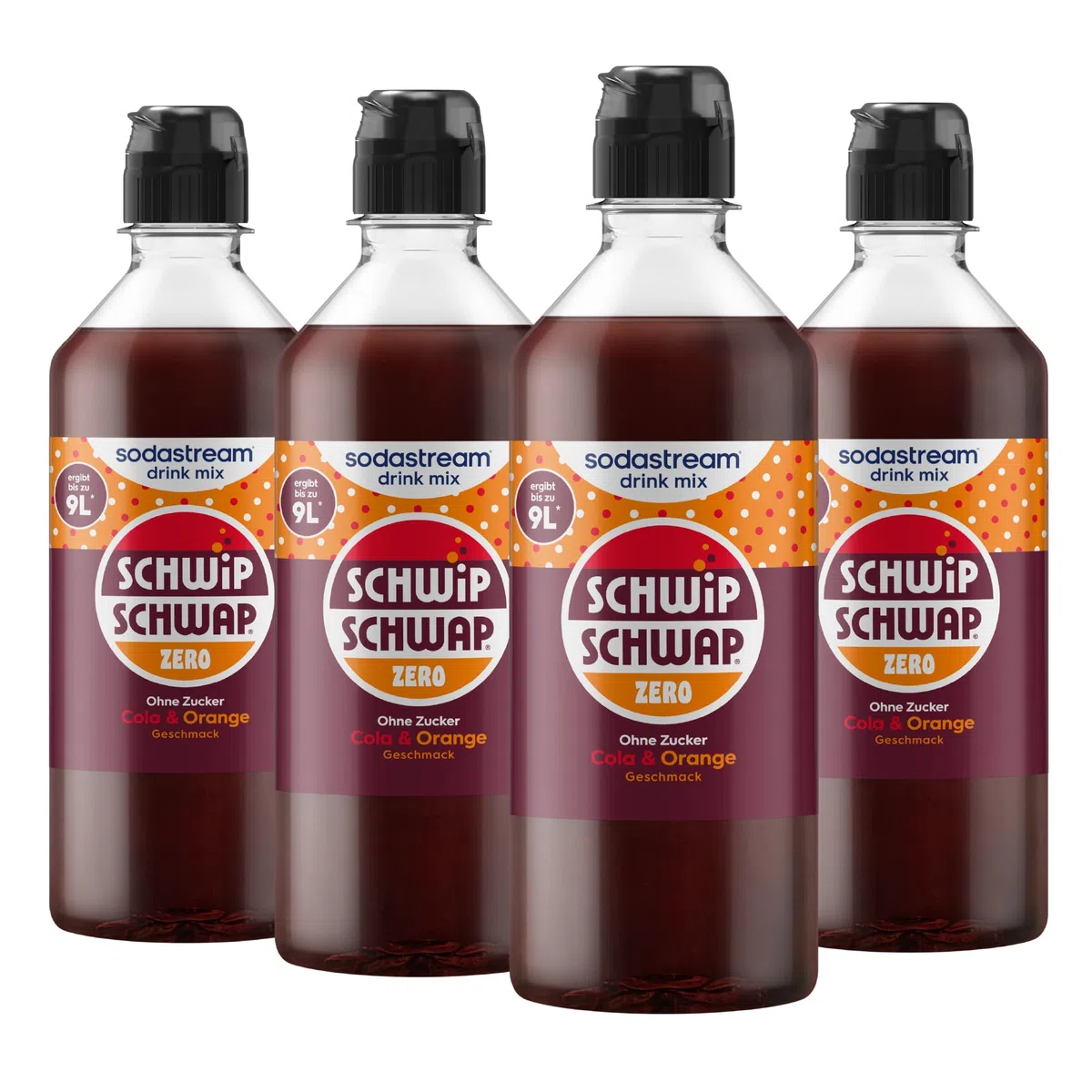 SodaStream drink mix Schwip Schwap Zero · Cola-Orange Getränkesirup ohne Zucker für Wassersprudler · 4 x 440ml