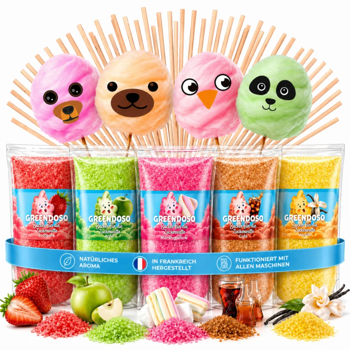 GREENDOSO® Zuckerwatte Zucker für Maschine – Erdbeere, Cola, Apfel, Marshmallow, Vanille (5x160 g) – Natürliche Aromen & Farbstoffe – 20 Stäbchen + 8 Essbare Oblaten-Gesichter