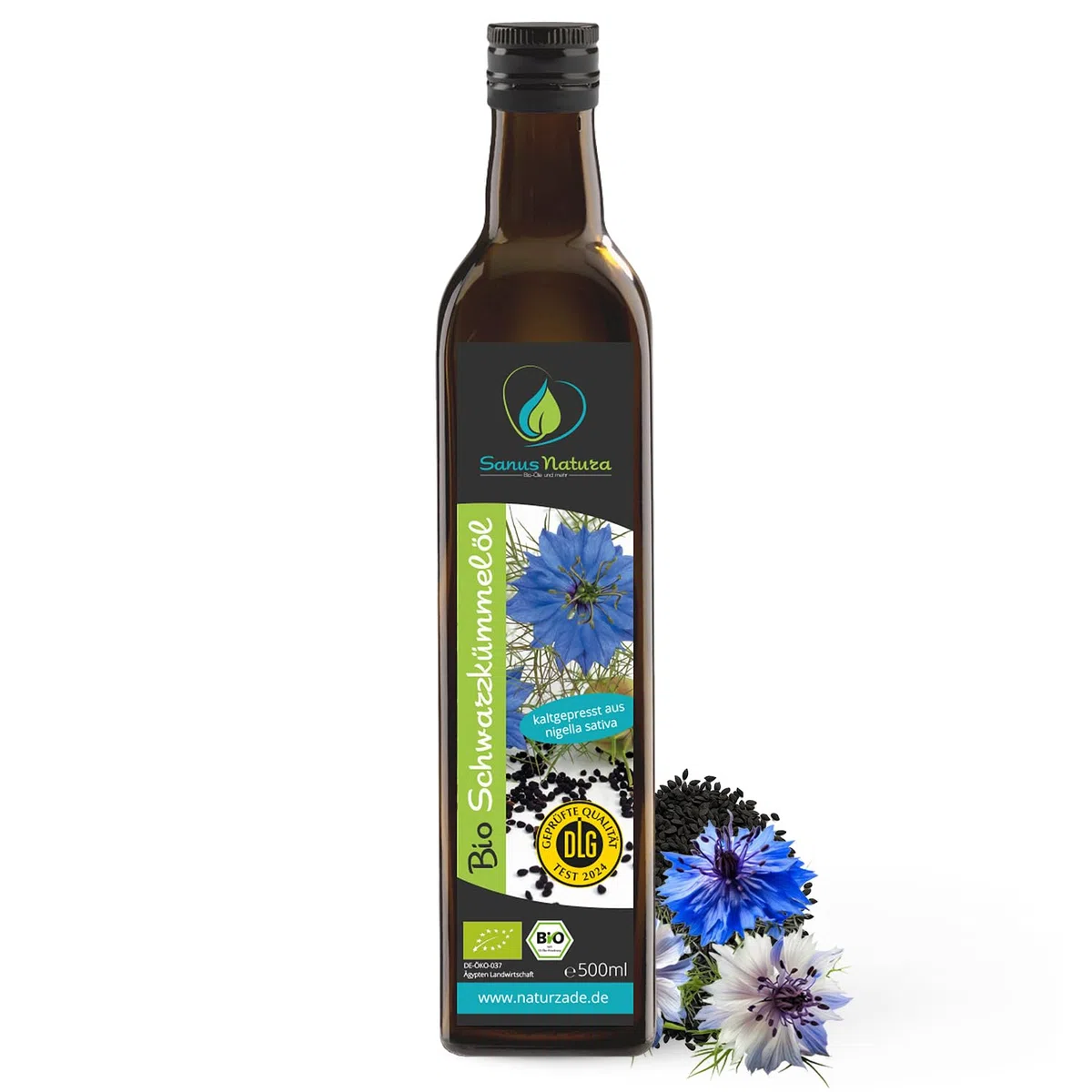 Sanus Natura Bio Schwarzkümmelöl 500 ml ungefiltert, hoher Thymochinongehalt, kaltgepresst & naturrein ohne Zusätze, direkt vom Hersteller