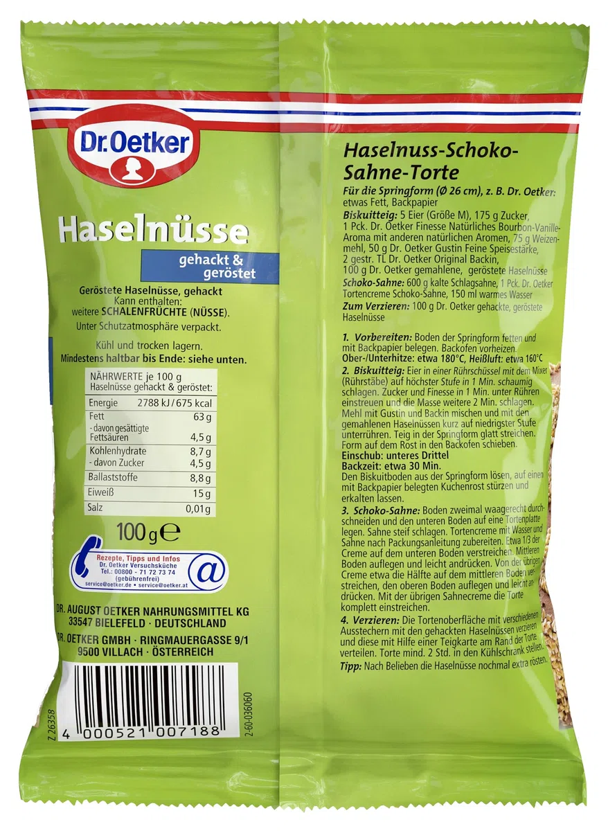 Dr. Oetker Haselnüsse gehackt, 5 x 100 g Beutel, geröstete und zerkleinerte Haselnüsse, zum Backen und Dekorieren von Kuchen, Torten & Desserts, verzehrfertig, vegan