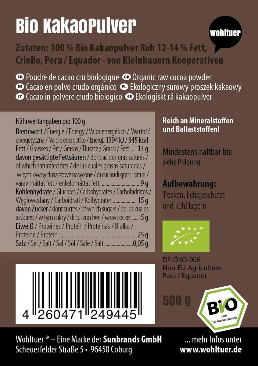 Echter Rohkakao aus der ganzen Kakaobohne + Bio Kakaopulver Raw aus Peru/Ecuador von Wohltuer