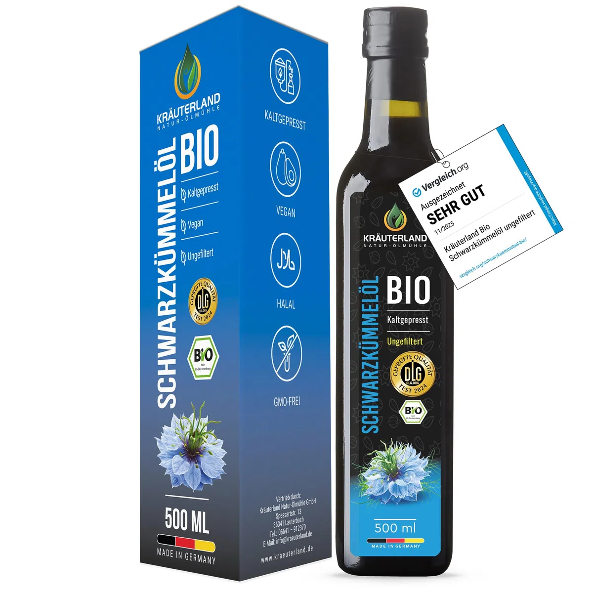 Kräuterland Bio Schwarzkümmelöl 500ml Kaltgepresst Ungefiltert Thymochinonreich, ägyptische Samen, Mühlenfrisch, 100 % Nigella Sativa, Naturrein ohne Zusatzstoffe, lichtgeschützten Glas