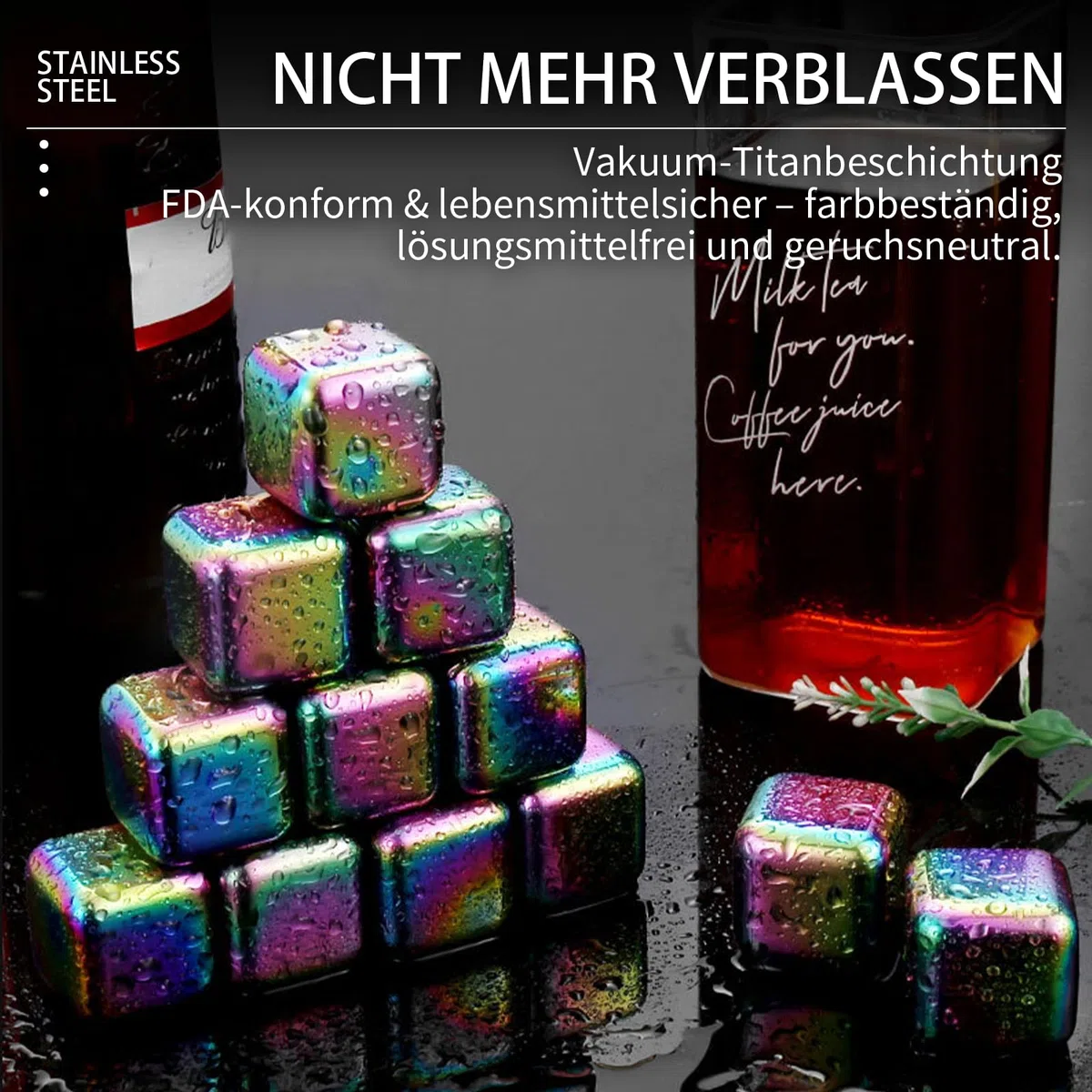 12 Stück 2.5cm farbige Edelstahl Eiswürfel - Wiederverwendbare Whisky-Steine, sicher & geruchlos, glatt & leicht zu reinigen, rostfrei für Whisky/Cocktails/Getränke aller Art, ideal für Partys & Bars