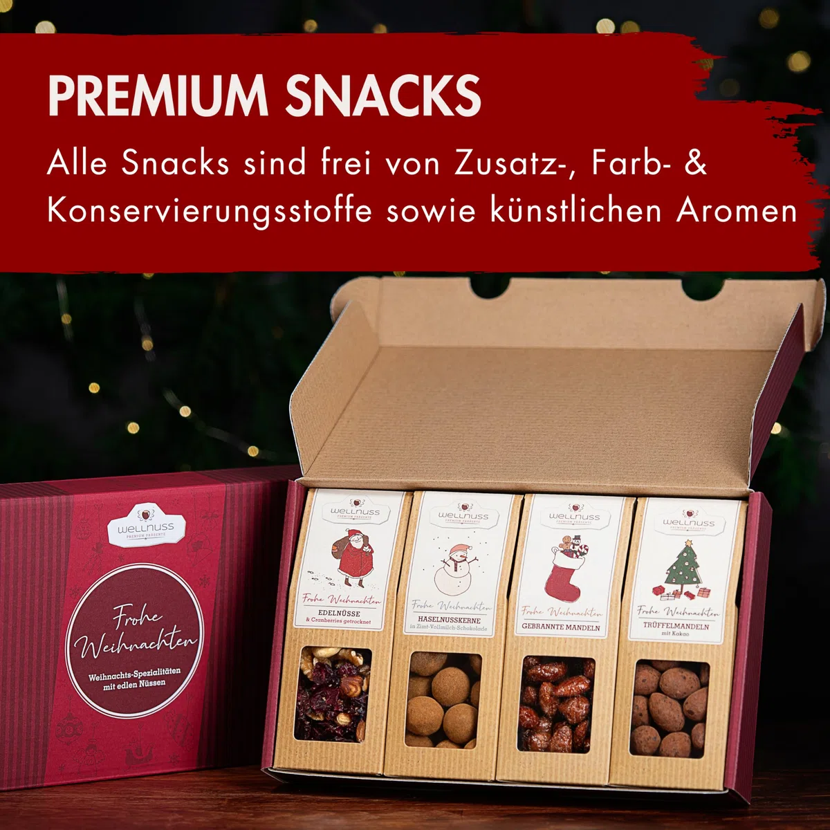 wellnuss "Limitierte Weihnachtsedition" - 4 Snacks im Geschenkkarton | Gourmet Snackmischungen für Erwachsene aus Nüssen, Früchten & Schokolade | Das Besondere Geschenk zu Weihnachten