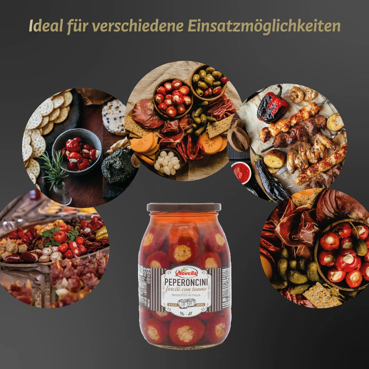 Novella PEPERONCINI FARCITI CON TONNO - Peperoni mit Thunfischfüllung - italienische Kirschpaprika - Antipasti-Vorspeise - fruchtig-scharf - 950 g im Glas