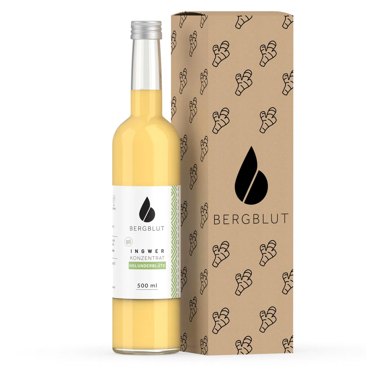 Bergblut Bio Ingwer Konzentrat mit Holunderblüte – 500 ml | Zuckerarmer Sirup mit Ingwer & Holunder | Hochwertiges Ingwer Shot Konzentrat für Drinks, Tee & pur | Vegan mit Agavendicksaft