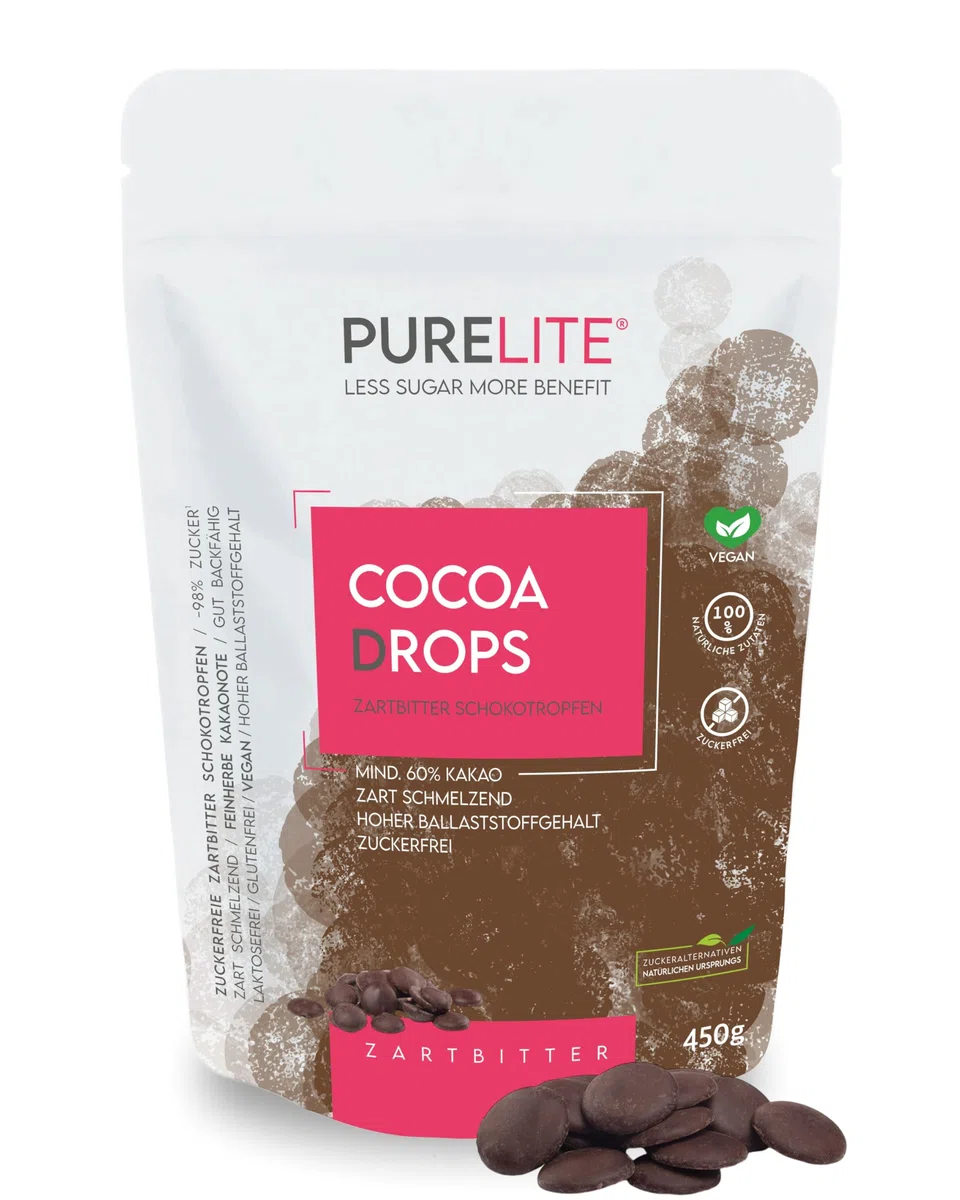 PURELITE Cocoa Drops Zartbitter, vegan, Low-Carb, feinherbe große Schokodrops, zuckerfrei m. Erythrit & Stevia, mind. 60% Kakao – Backen, Schmelzen, Snacken, Schokobrunnen, Fondue & Kuvertüre, 450g