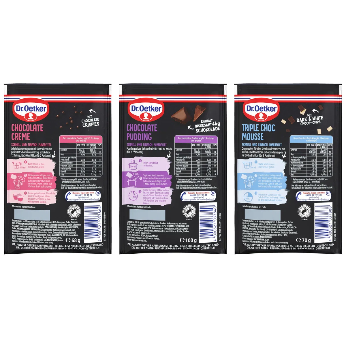 Dr. Oetker OH MY CHOC! 9er Probier-Set, 3 x Chocolate Creme, 3 x Chocolate Pudding, 3 x Triple Choc Mousse, Dessertpulver für Schoko-Creme, Schoko-Pudding und Schokoladenmousse