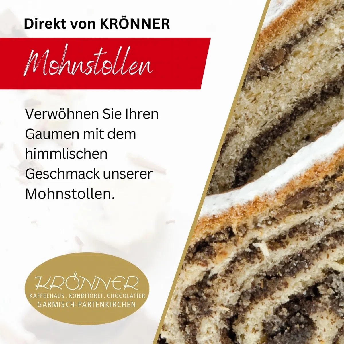 Krönner Mohn Stollen 500 g – Traditionelles Gebäck für die Festtage – Leckere Christstollen ohne künstliche Zusatzstoffe – Handgemachtes Weihnachtsgebäck in Premium-Qualität