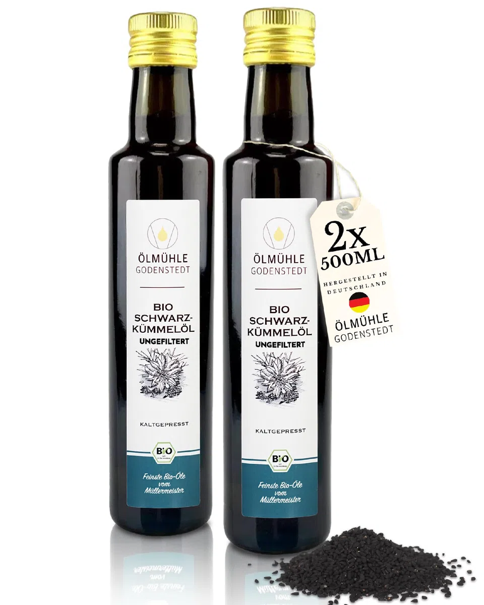 Bio Schwarzkümmelöl ungefiltert, hoher Thymochinon Gehalt, 2 x 500ml | hoher Thymochinon Gehalt
