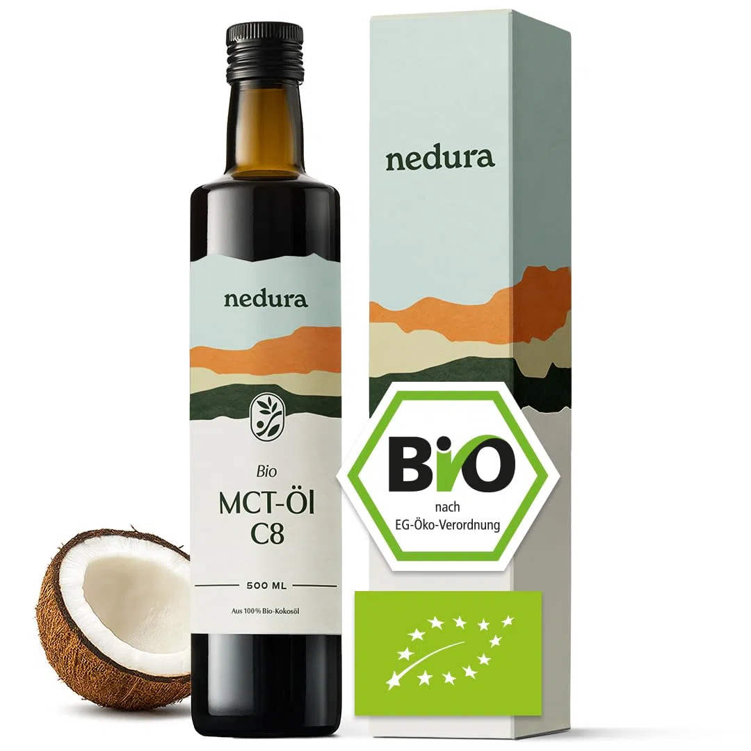 nedura® BIO MCT-Öl C8 - aus 100% BIO-Kokosöl - Ketone - In eigener Deutscher Manufaktur abgefüllt - Hochwertig, rein, vegan und geschmacksneutral mit 60% C8 Anteil - 500ml Glasflasche