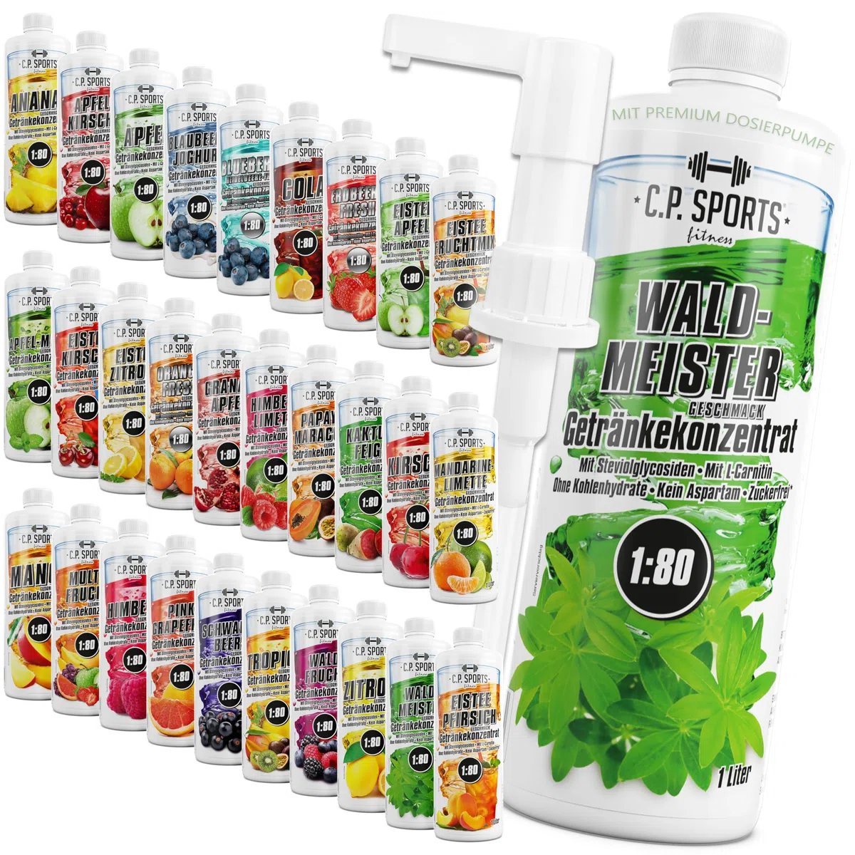 C.P. Sports Getränkesirup zuckerfrei, aspartamfrei, kalorienfrei 1:80 (ca. 80 Liter Fertiggetränk) + Dosierpumpe – Carnitin & Vitamine – Getränkekonzentrat Konzentrat Sirup – Eistee-Zitrone