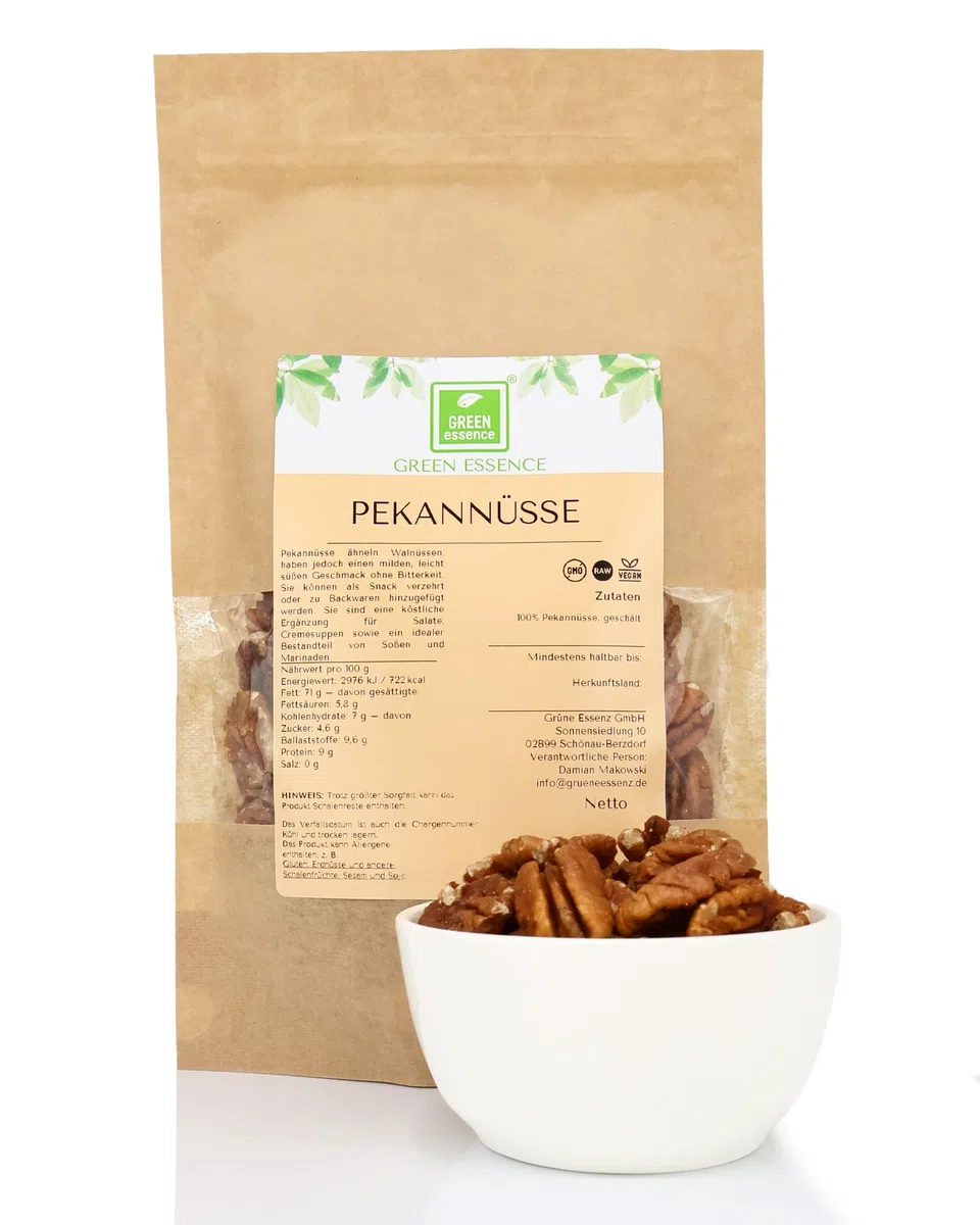 Pekannüsse Halbe Kerne geschält und ungesalzen – Premium Pekannusskerne ohne Zusätze – Naturbelassene Nüsse Pekan von Green Essence (500 Gramm)