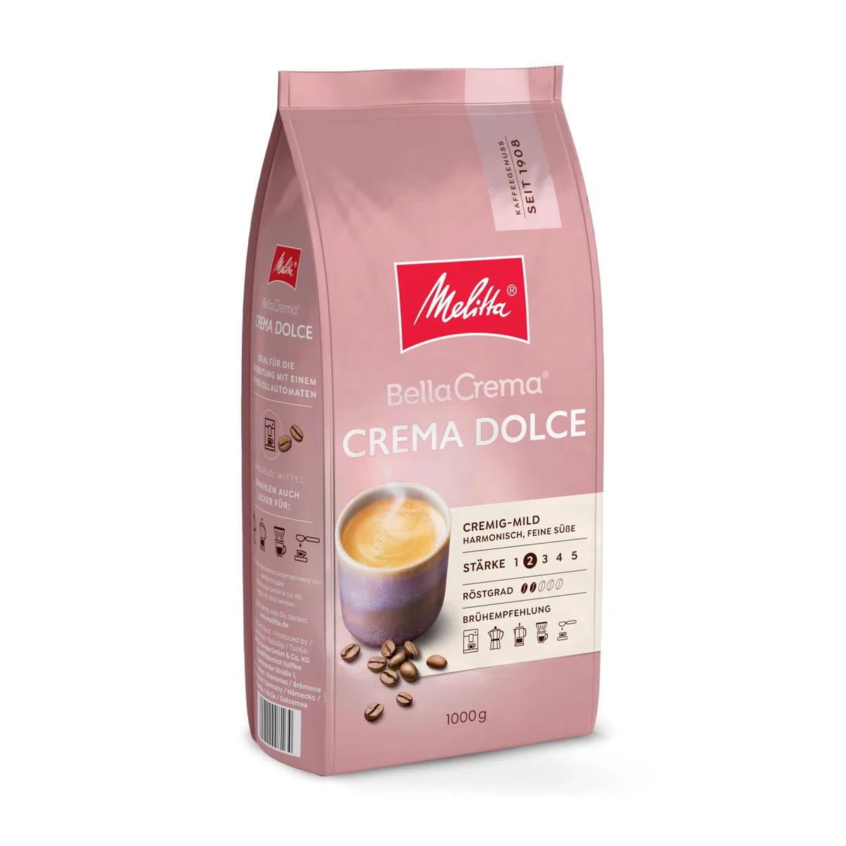 Melitta BellaCrema Crema Dolce Ganze Kaffee-Bohnen 1kg, ungemahlen, Kaffeebohnen für Kaffee-Vollautomat, sanfte Röstung, geröstet in Deutschland, Stärke 2