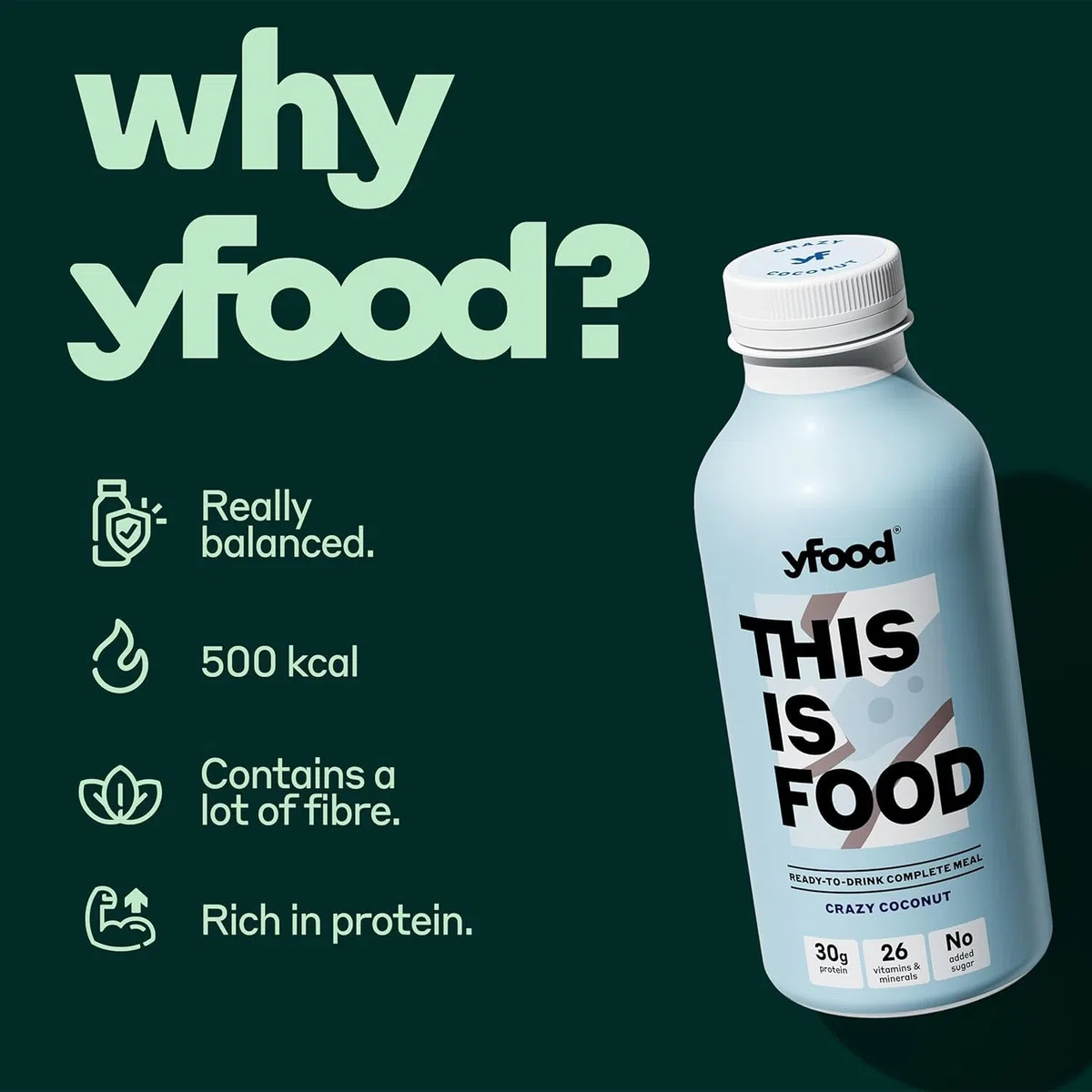 yfood Drink Crazy Coconut, Leckere Trinkmahlzeit für unterwegs, THIS IS FOOD Drink, 33g Protein, 26 Vitamine und Mineralstoffe, 6 x 500ml, Geschmack Kokosnuss, inkl. 1,50 € Pfand