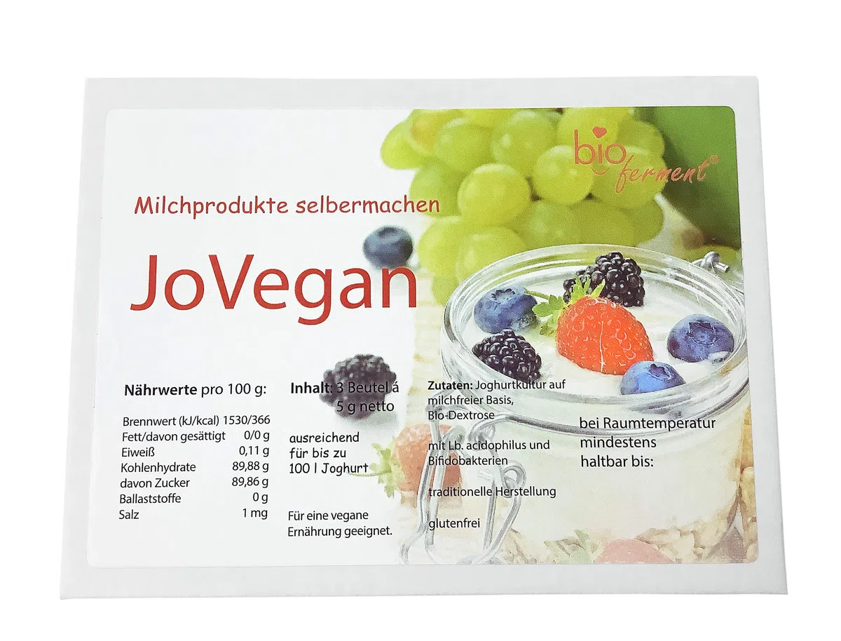 JoVegan Bioferment® zur selber Herstellung von veganem köstlichem Joghurt - 3 Beutel Joghurt-Starterkulturen - zur Herstellung von bis zu 90 Liter Joghurt