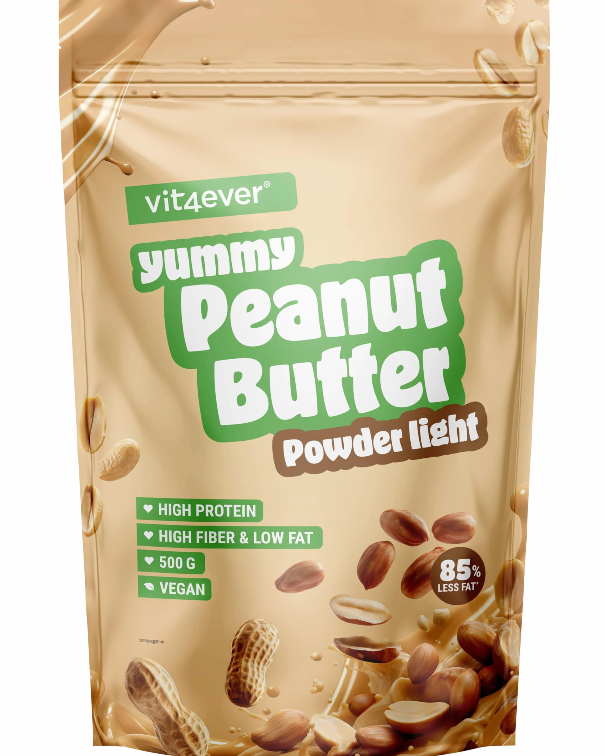 vit4ever Erdnussbutter light Pulver 500 g - Powdered Peanut Butter 85% weniger Fett, ohne Zucker - Peanutbutter Creme mit leckerem Geschmack