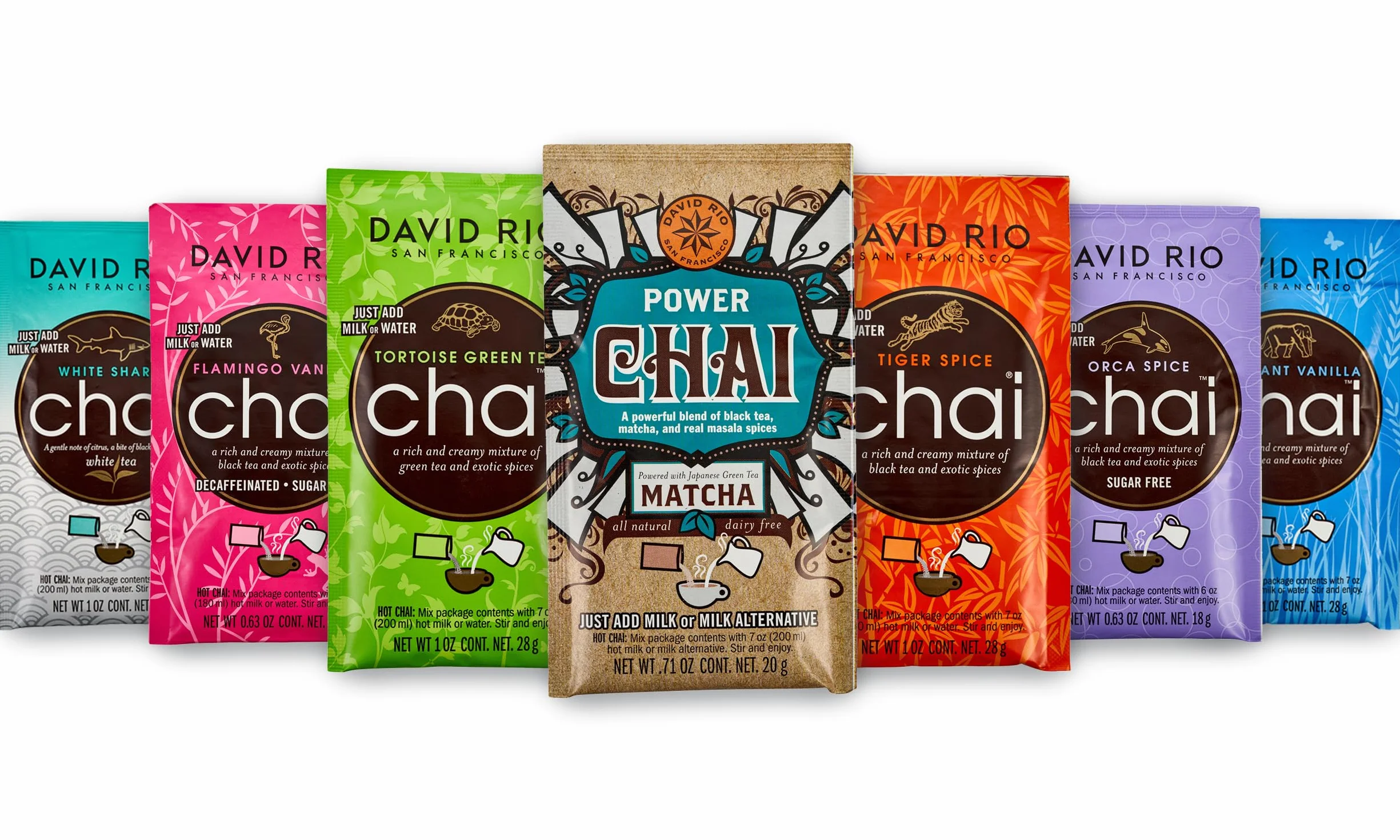 David Rio - Elephant Vanilla Chai, Flamingo Vanilla & mehr unwiderstehliche Chai Tee Sorten im 7er Probierpaket - insgesamt 168g - Köstlicher Chaitee von süßlich bis würzig