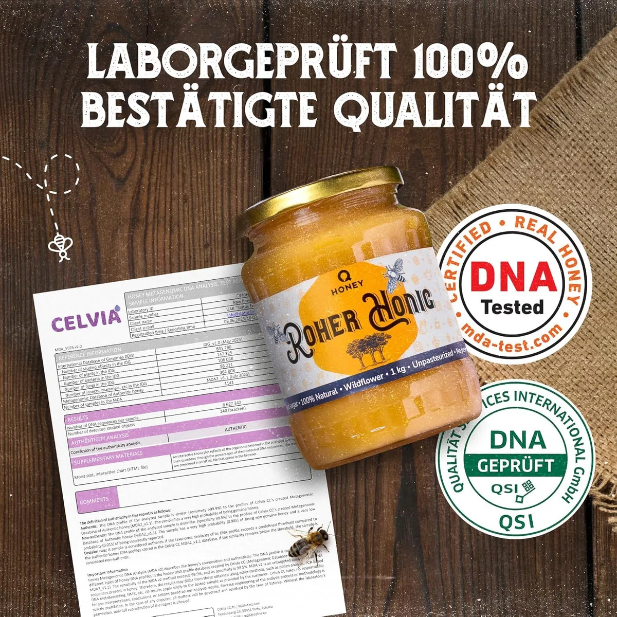 Q Honey Roher Wildblütenhonig 1kg, Imkerhonig aus Litauen, Platin 2026 | Naturbelassener Honig ohne Zusätze, ungefiltert - London Honey Award Platin 2026, ideal für Frühstück, Tee & Brot